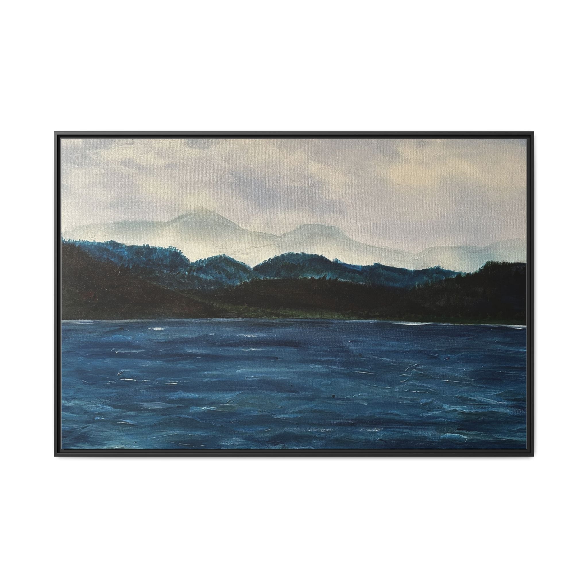 Framed Canvas Print of Original Misty Mountain – Moody Blue Wall Art