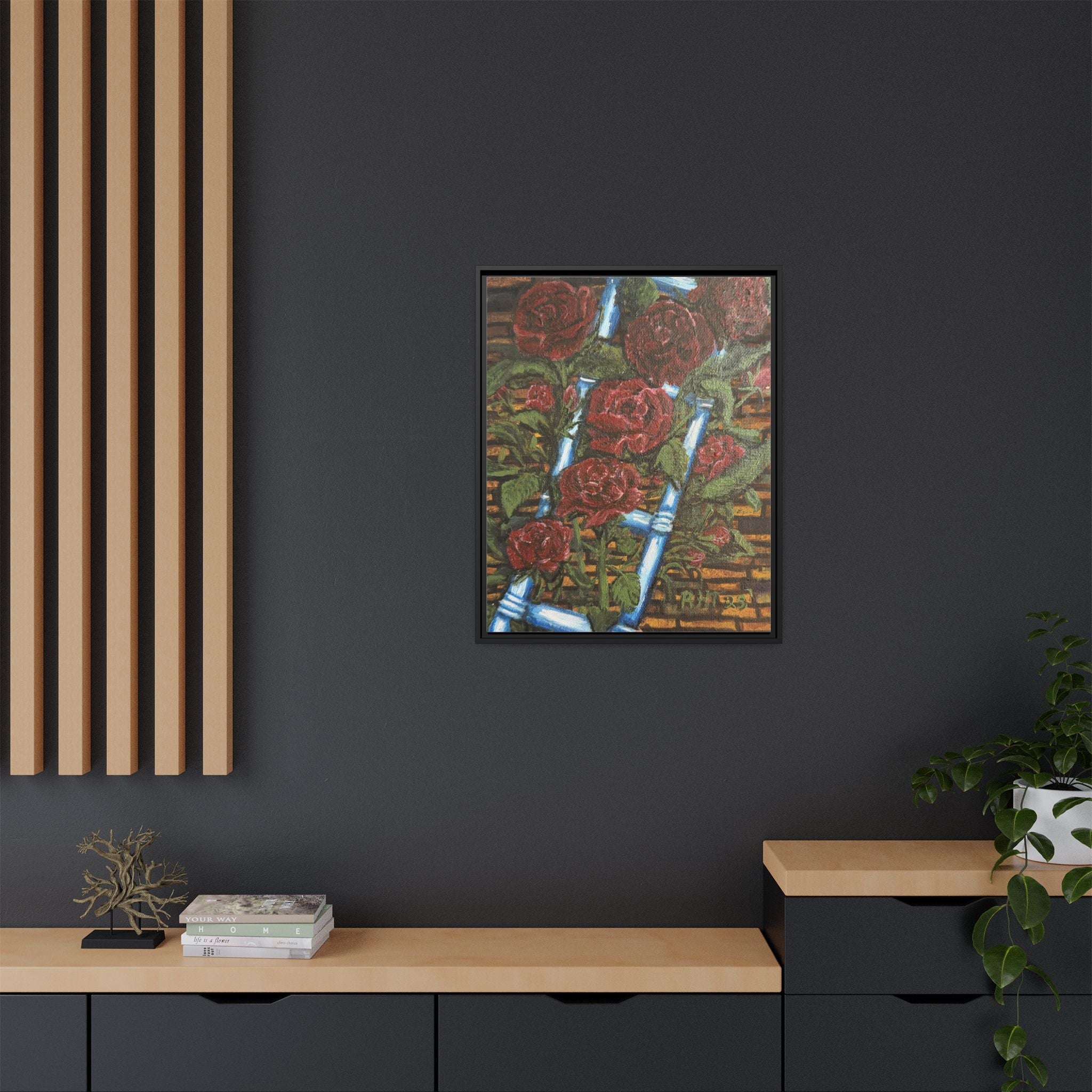 Framed Matte Canvas Art Print of Original Climbing Roses — Red Roses & Blue Ladder Floral Painting