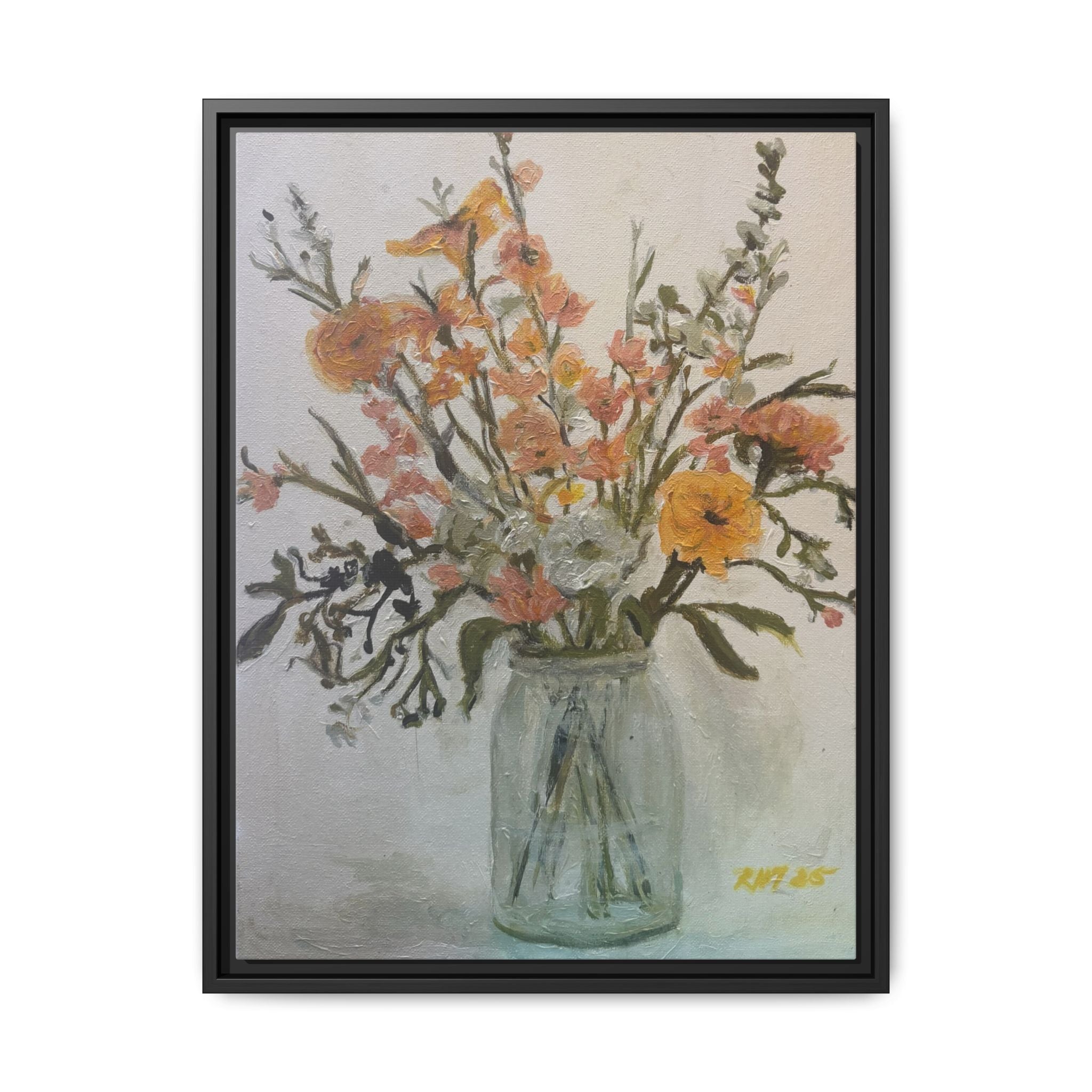 Framed Matte Canvas Art - Flower in Glass Jar Floral Painting Print of Original