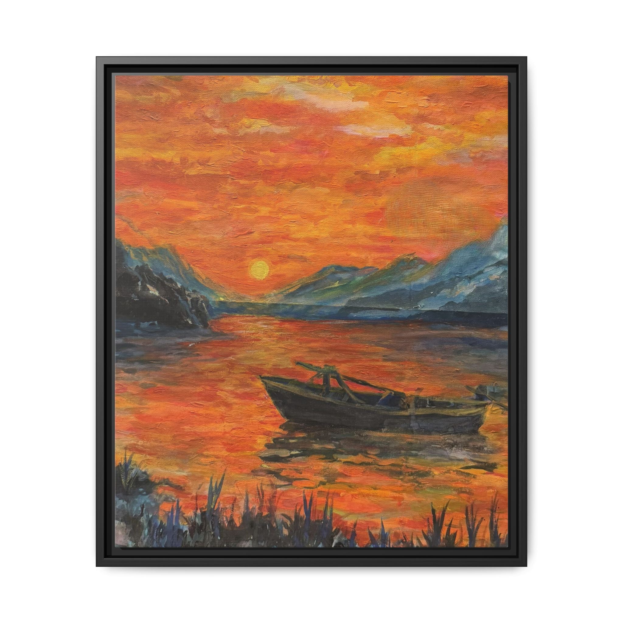 Boat on Sunset Lake Framed Canvas Print of Original — Orange Mountain Lake Wall Art