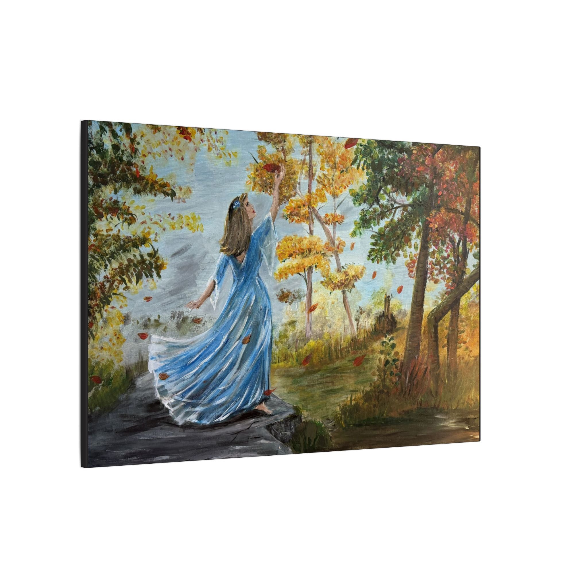 Autumn Breeze Matte Canvas Art Print – Woman in Blue Dress Fall Landscape