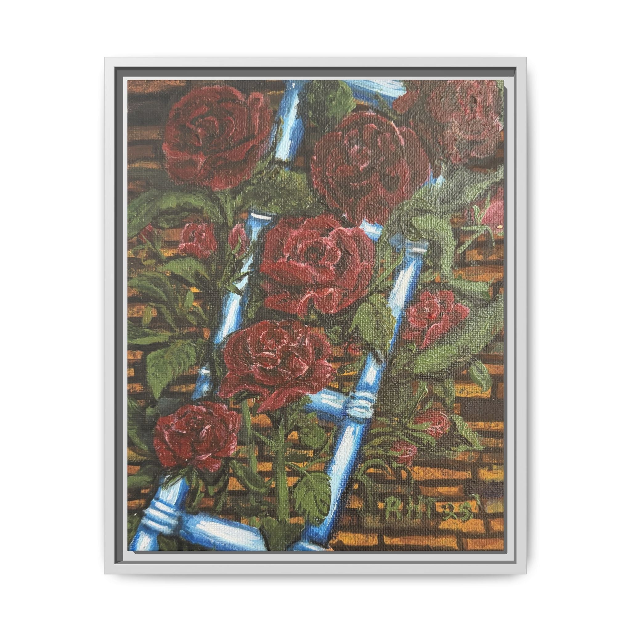 Framed Matte Canvas Art Print of Original Climbing Roses — Red Roses & Blue Ladder Floral Painting