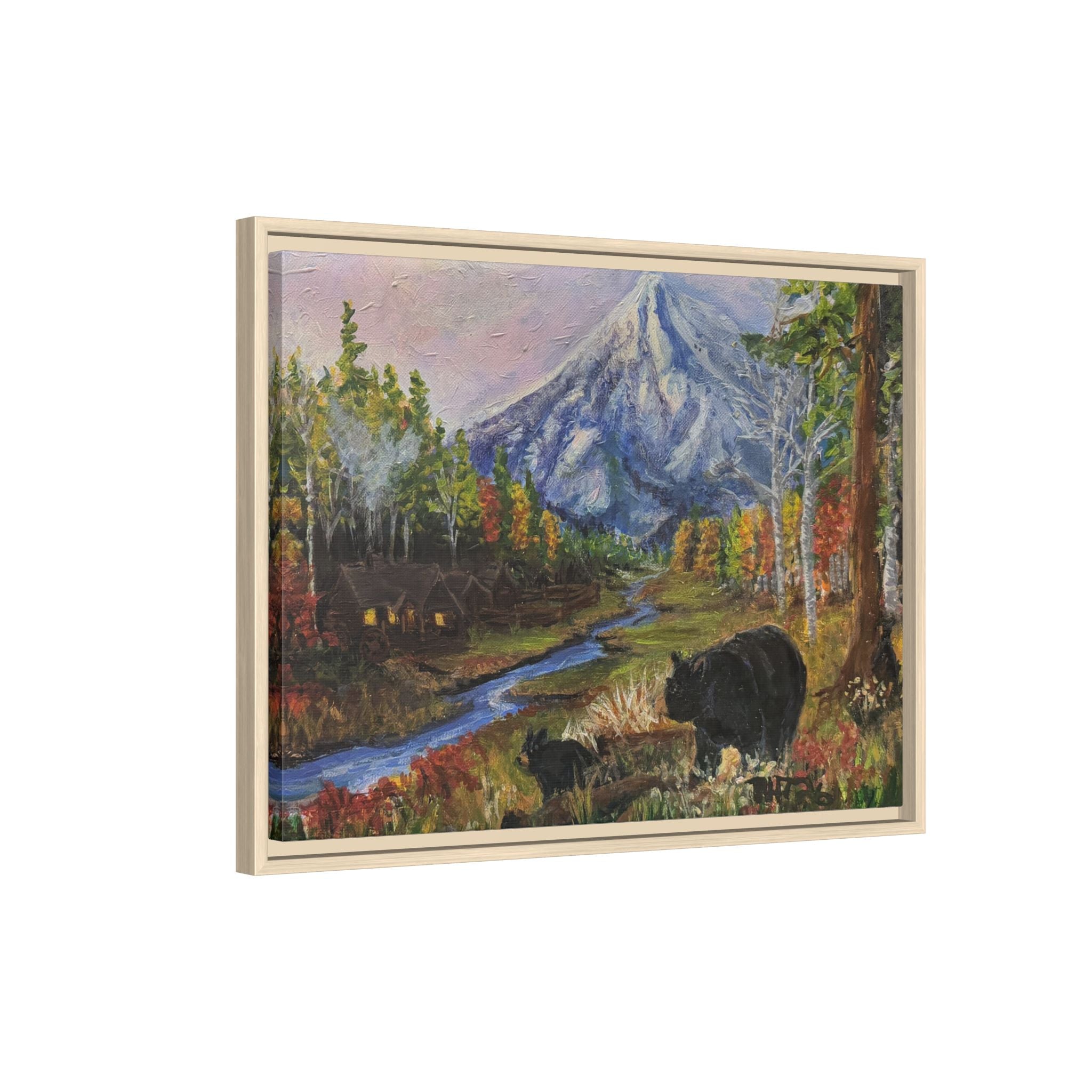 Framed Matte Canvas - Three Bear Stroll  - Mountain Stream with Bears Landscape Wall Art
