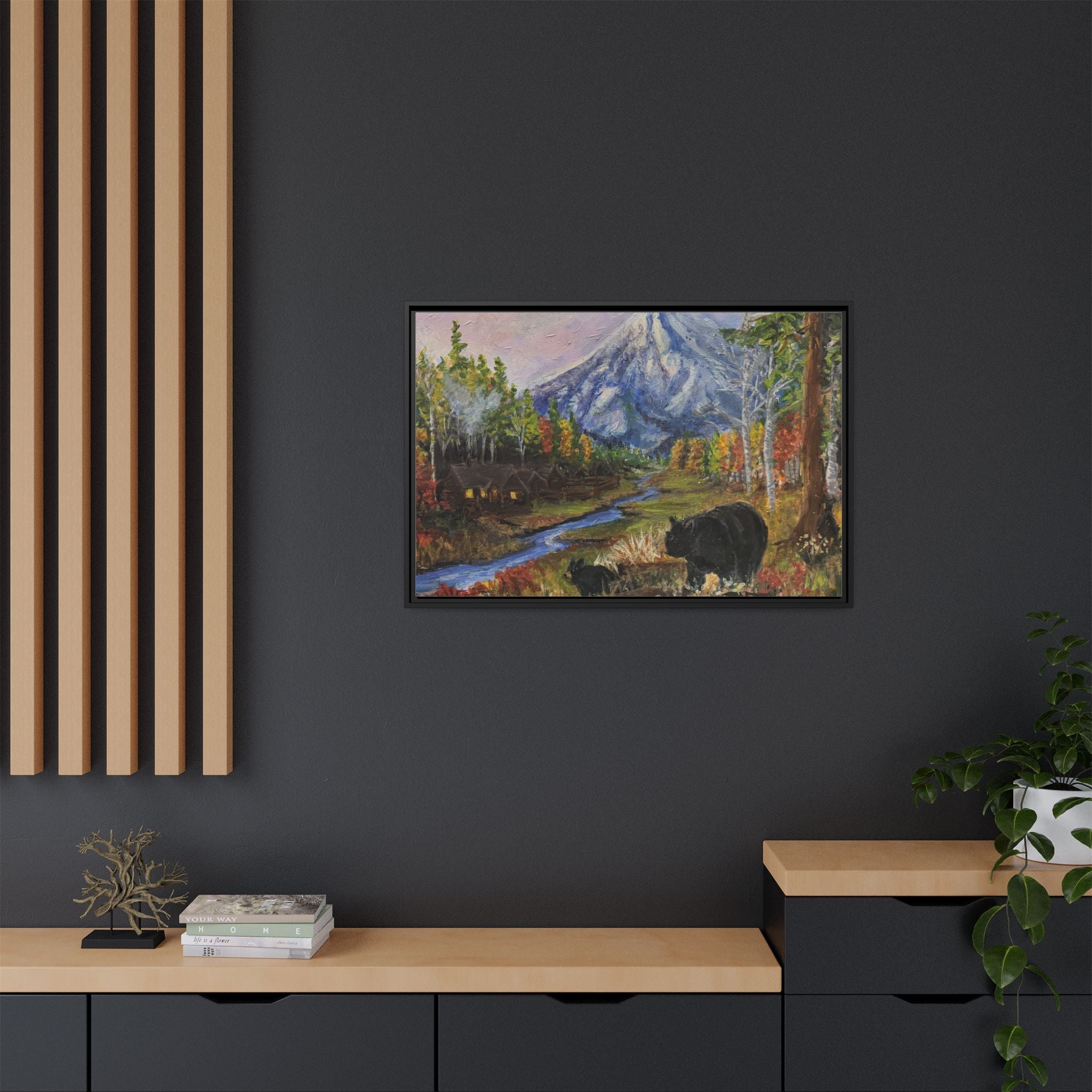 Framed Matte Canvas - Three Bear Stroll  - Mountain Stream with Bears Landscape Wall Art