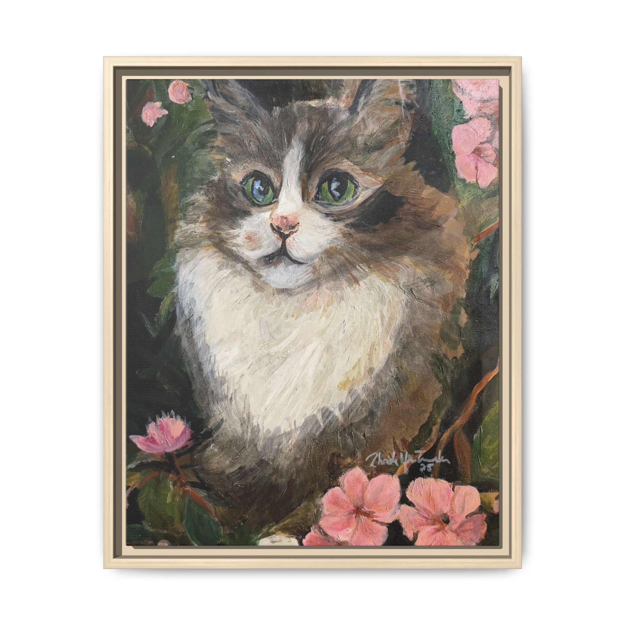 Framed Cat Portrait Canvas of Original Mikey– Floral Kitten Wall Art