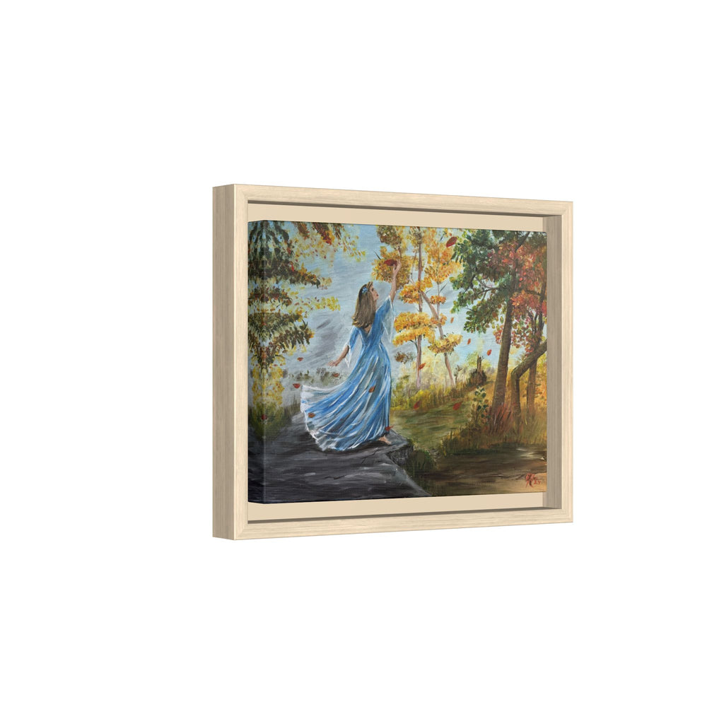 Autumn Breeze Canvas Print — Woman in Blue Dress Framed Wall Art