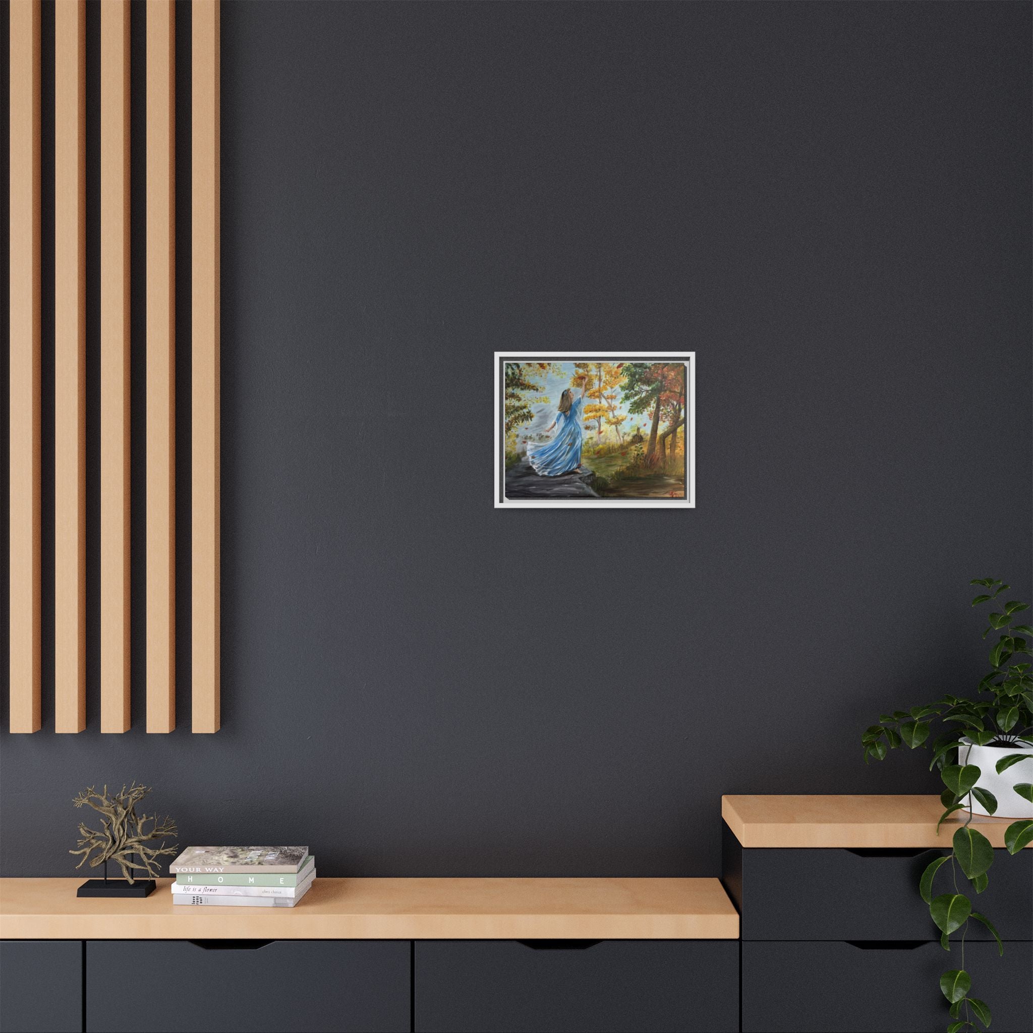 Autumn Breeze Canvas Print — Woman in Blue Dress Framed Wall Art