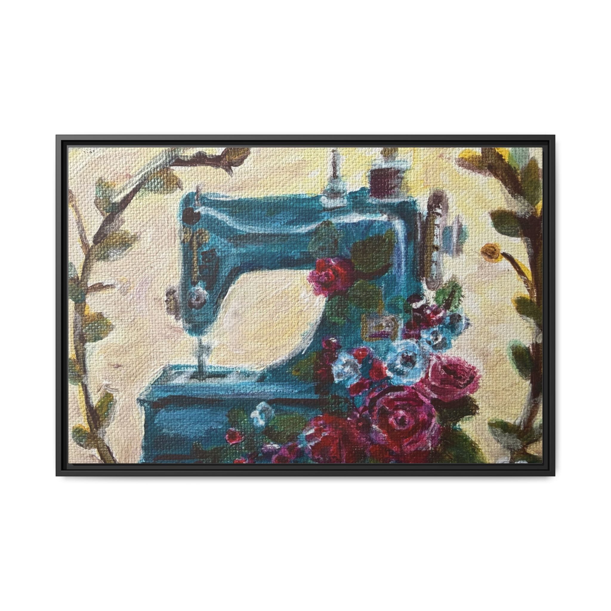 Framed Canvas Wall Art — Vintage Sewing Machine with Roses - Framed Print of the Original Grandma's Sewing Machine