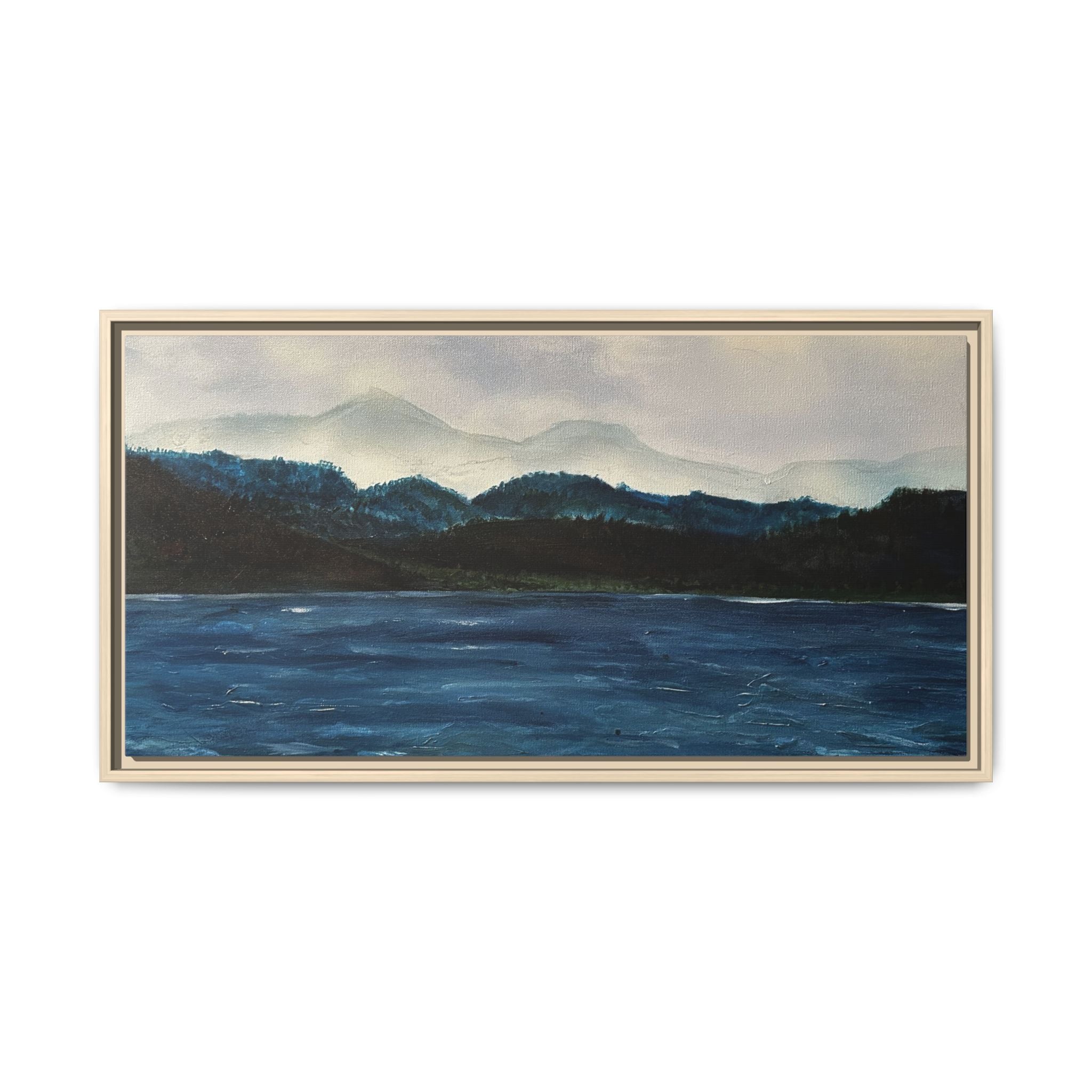Framed Canvas Print of Original Misty Mountain – Moody Blue Wall Art