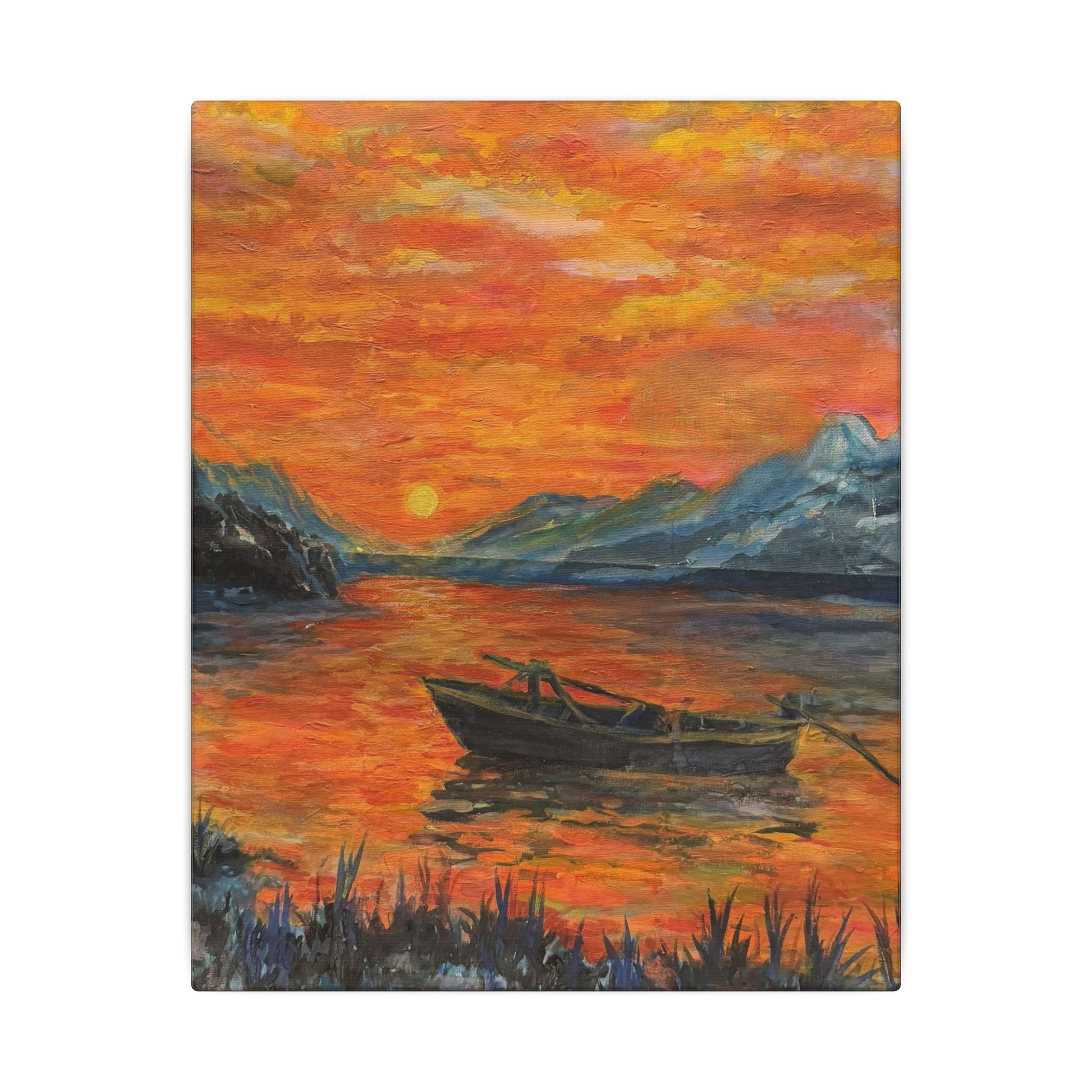 Boat on Sunset Lake Canvas Wall Art Print of Original— Orange Seascape Landscape Print