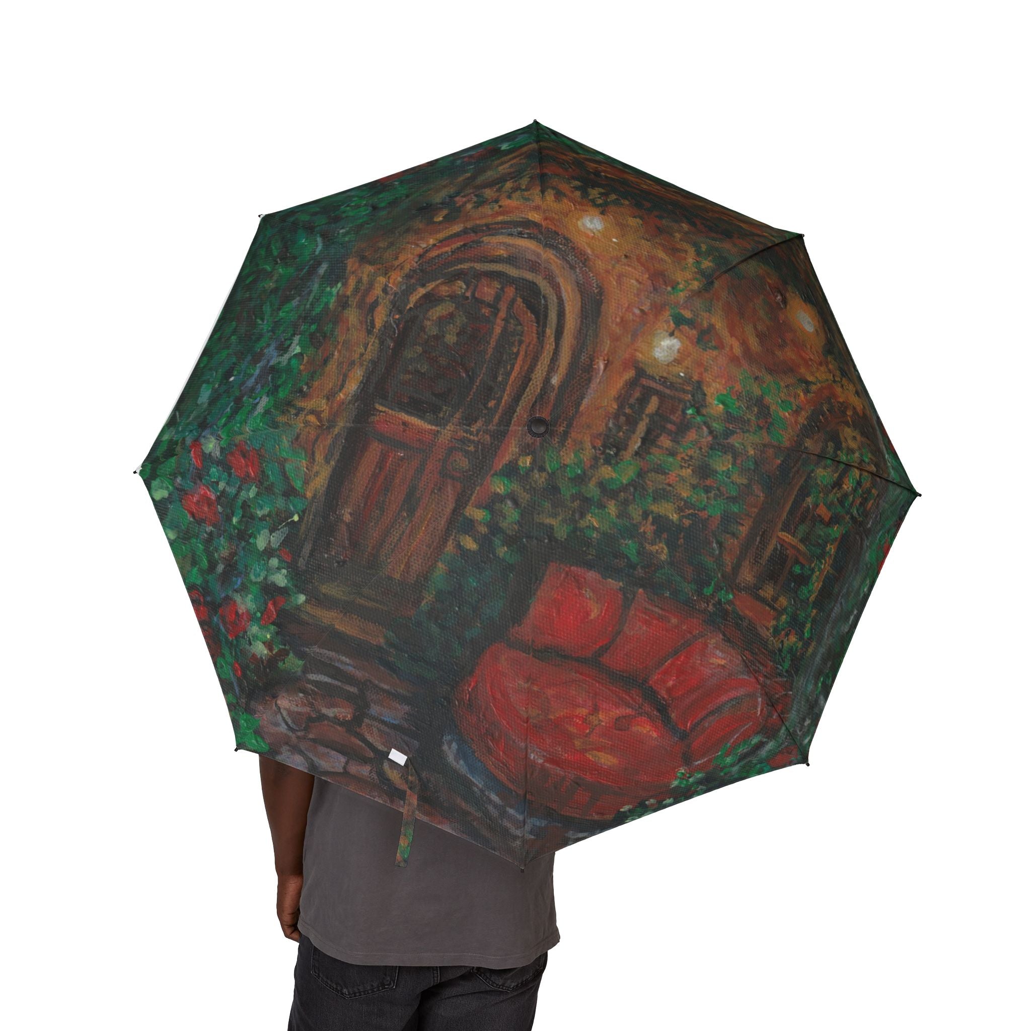 Compact Foldable Umbrella — Cozy Cottage Garden Painting Design