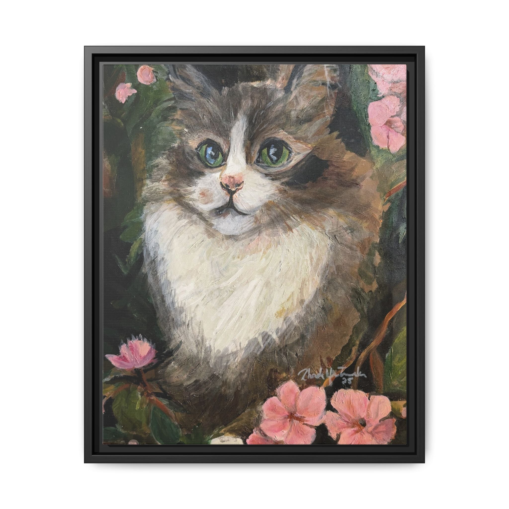 Framed Cat Portrait Canvas of Original Mikey– Floral Kitten Wall Art