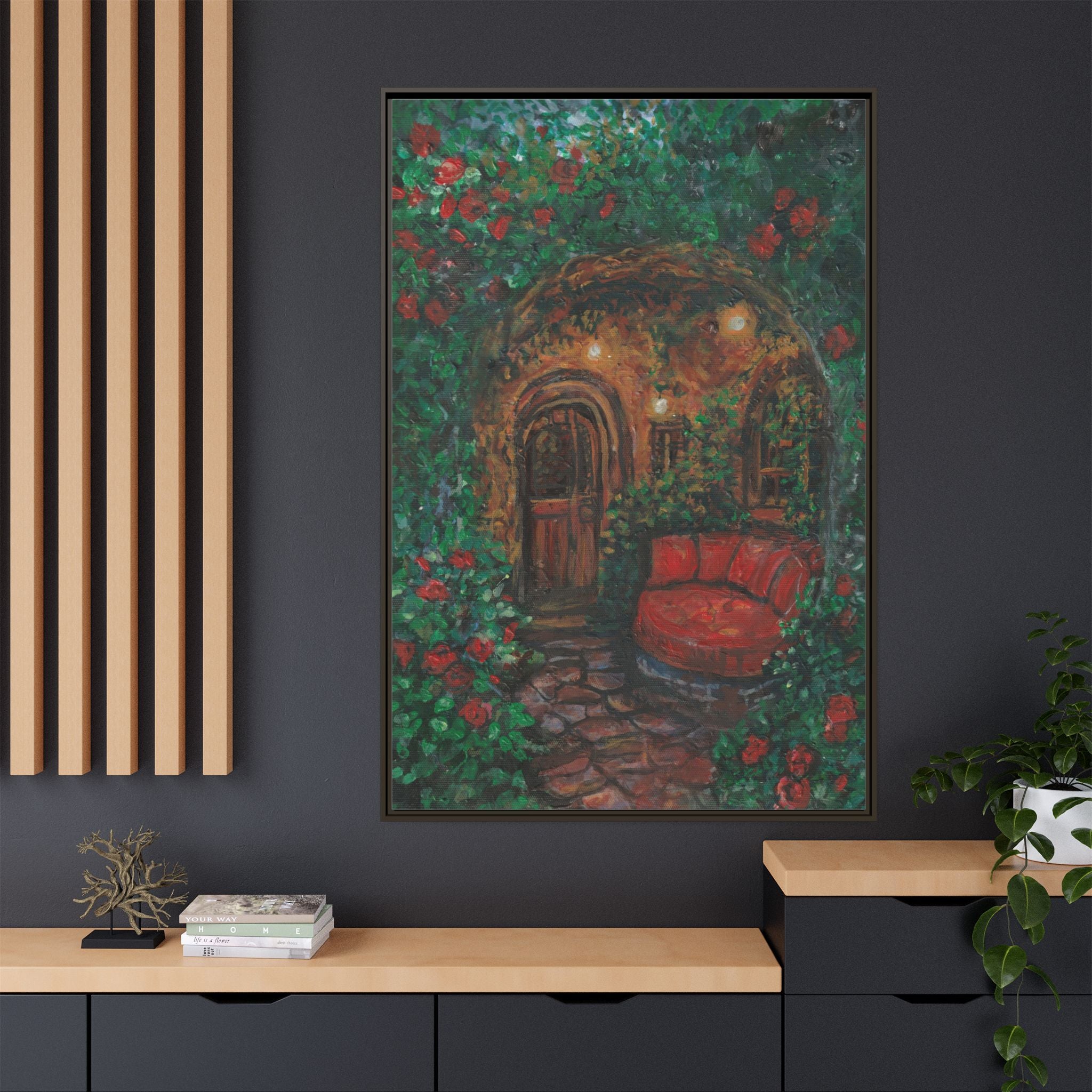 Framed Matte Canvas Art – Cozy Garden Doorway with Red Chair Print of Original Hidden Doorway