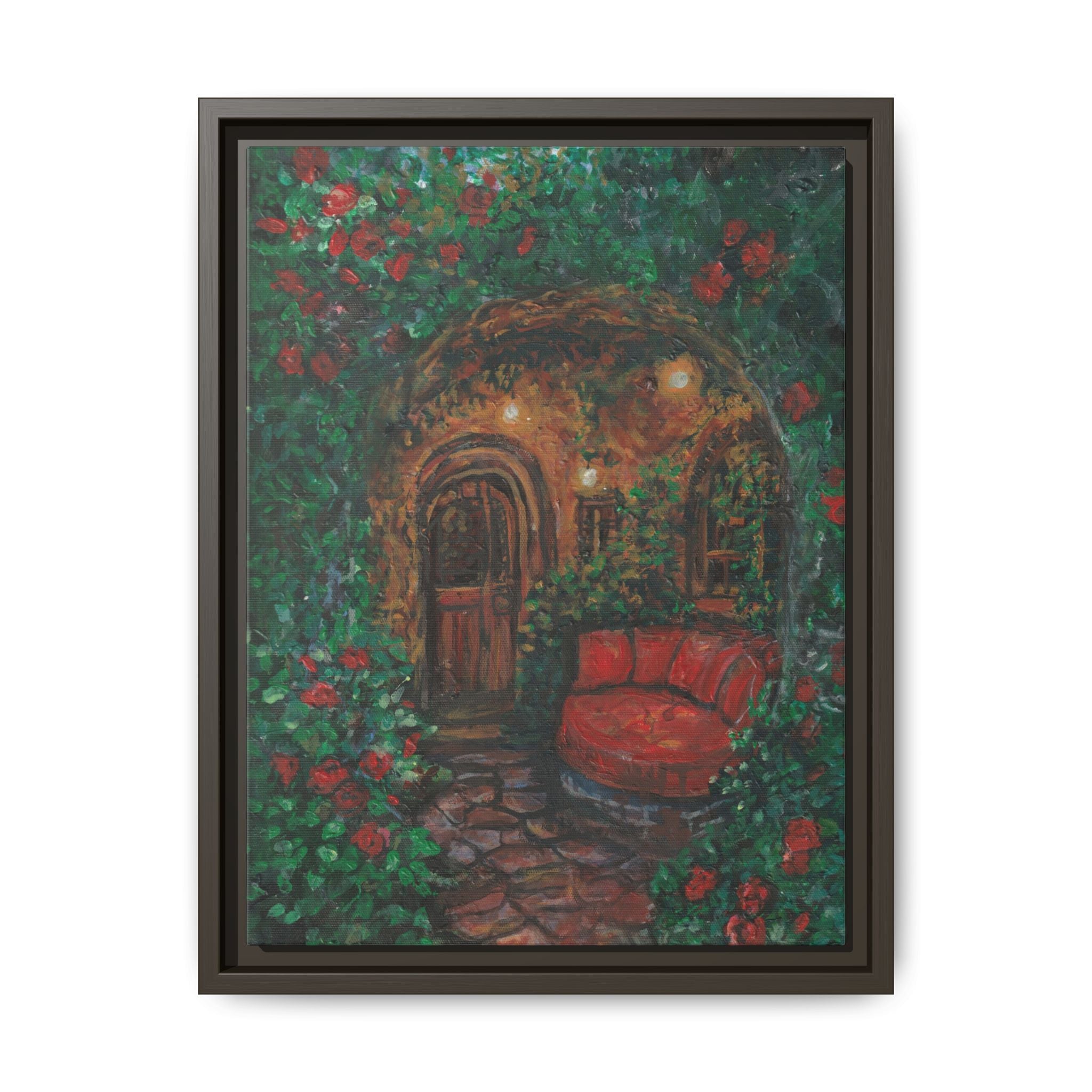 Framed Matte Canvas Art – Cozy Garden Doorway with Red Chair Print of Original Hidden Doorway