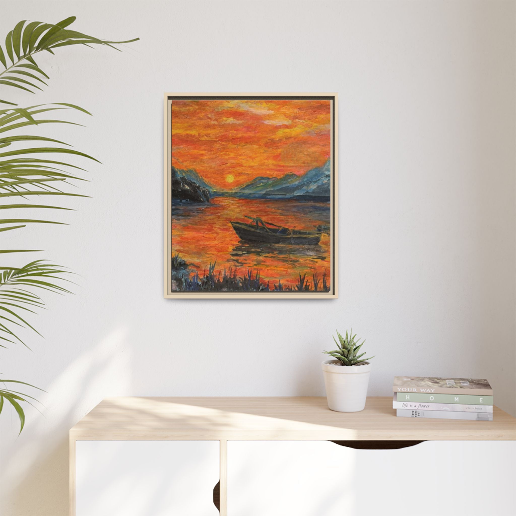 Boat on Sunset Lake Framed Canvas Print of Original — Orange Mountain Lake Wall Art