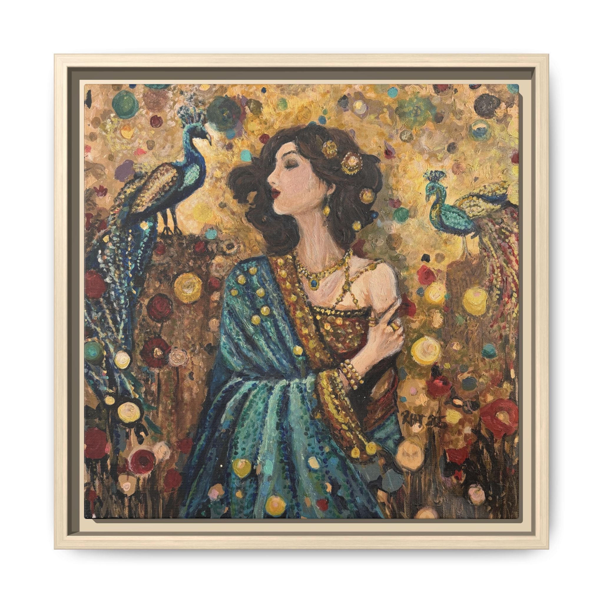 Gilded Peacock Muse Framed Canvas Art Print of Original— Bohemian Floral Decorative Print