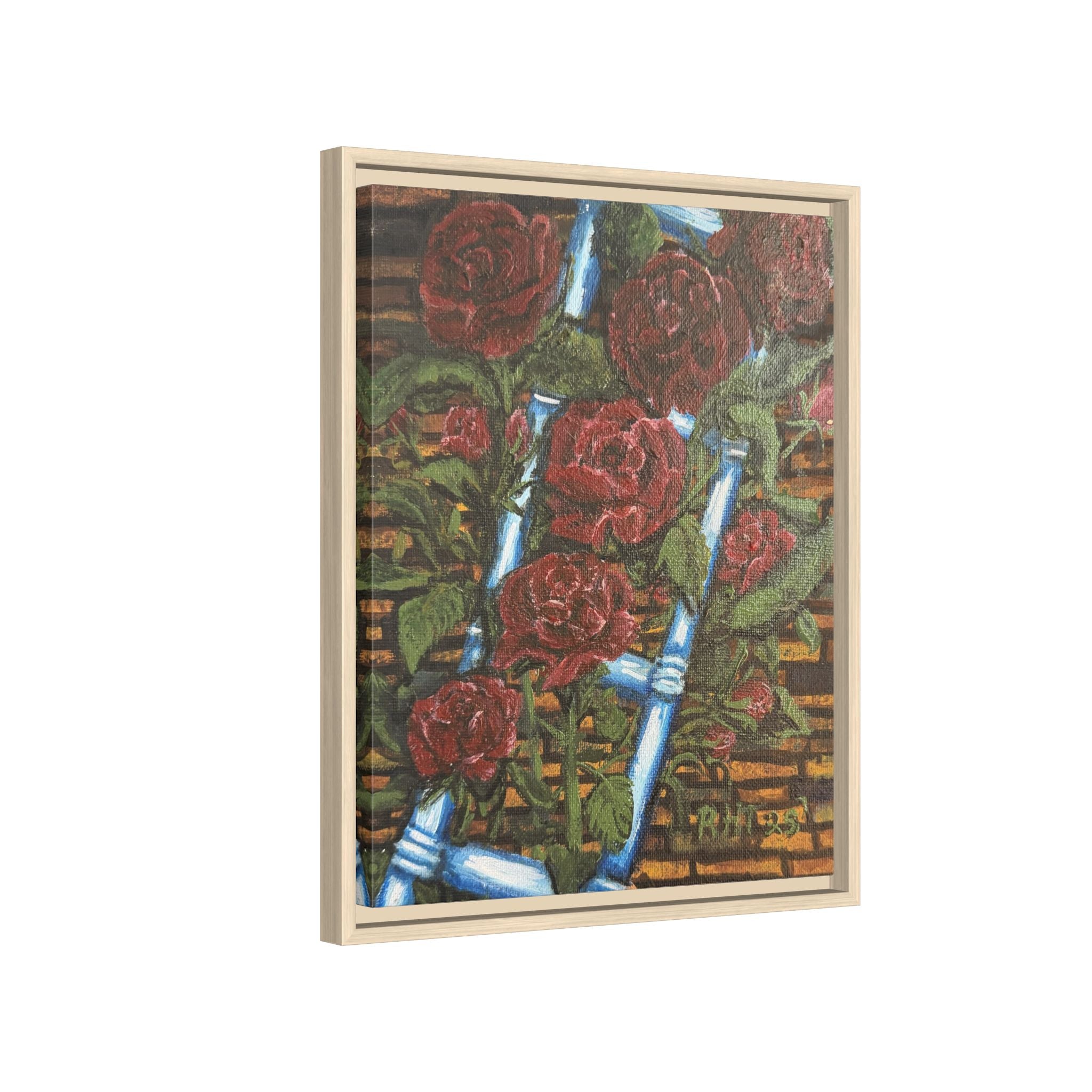 Framed Matte Canvas Art Print of Original Climbing Roses — Red Roses & Blue Ladder Floral Painting