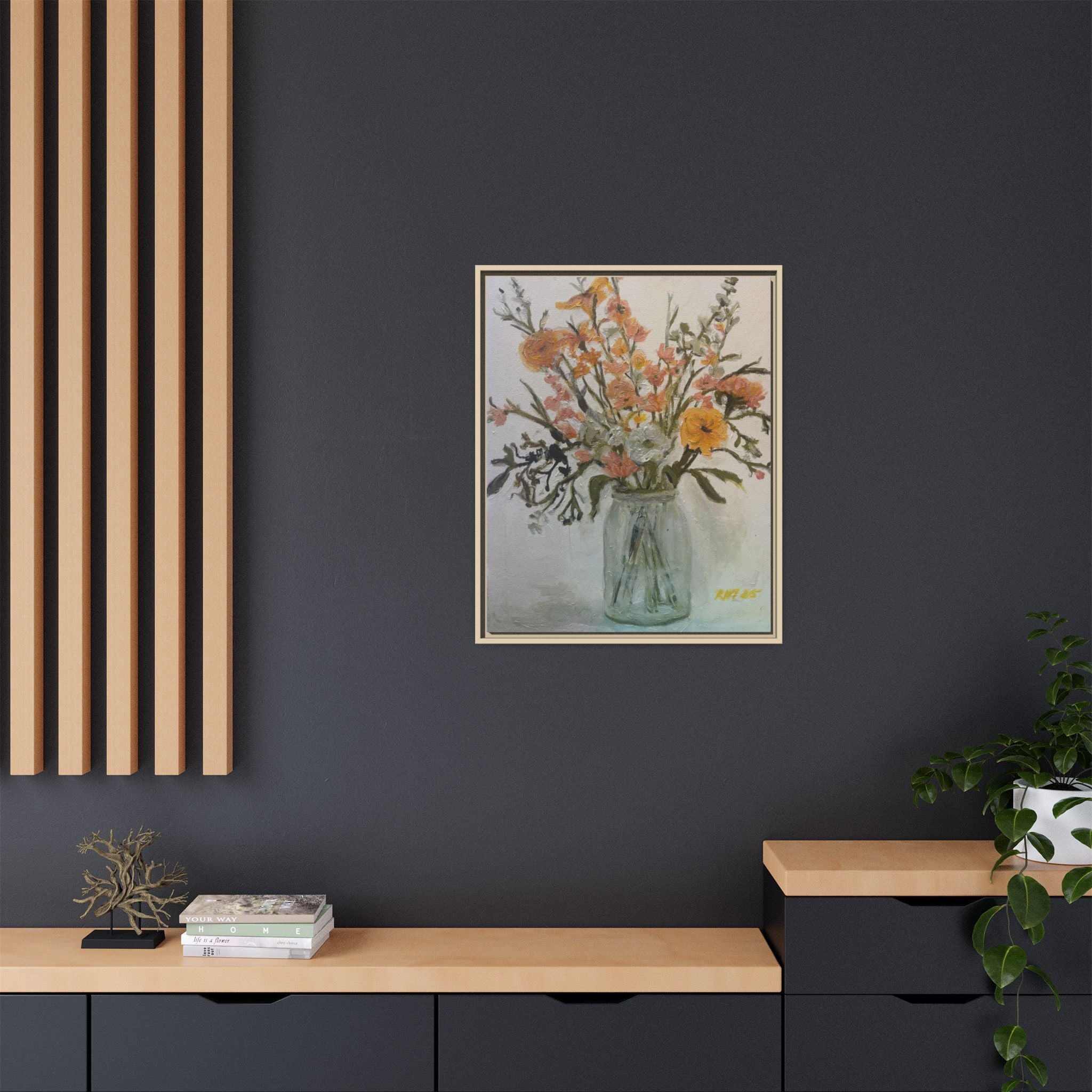 Framed Matte Canvas Art - Flower in Glass Jar Floral Painting Print of Original