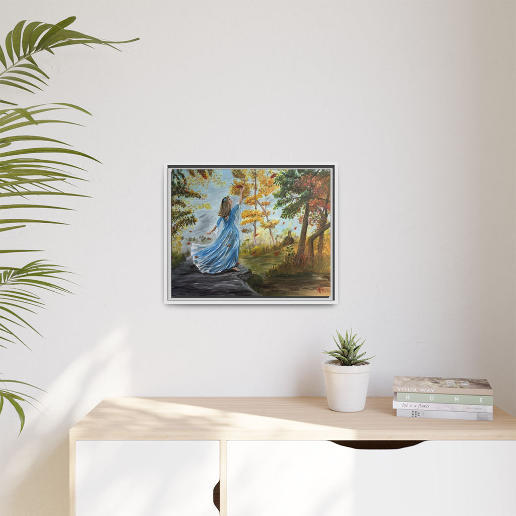 Autumn Breeze Canvas Print — Woman in Blue Dress Framed Wall Art