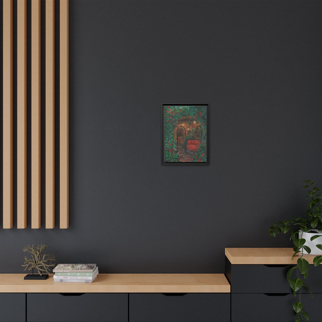 Framed Matte Canvas Art – Cozy Garden Doorway with Red Chair Print of Original Hidden Doorway