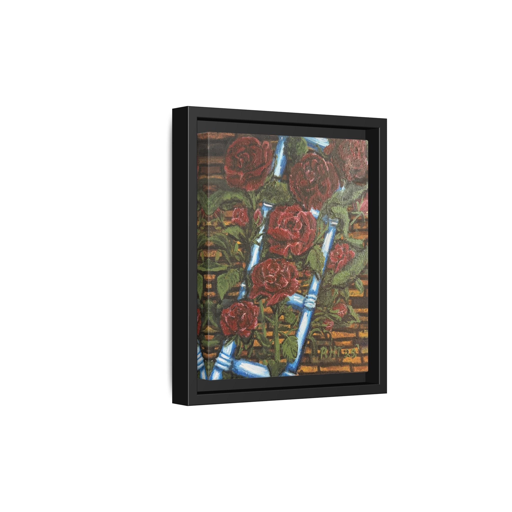 Framed Matte Canvas Art Print of Original Climbing Roses — Red Roses & Blue Ladder Floral Painting