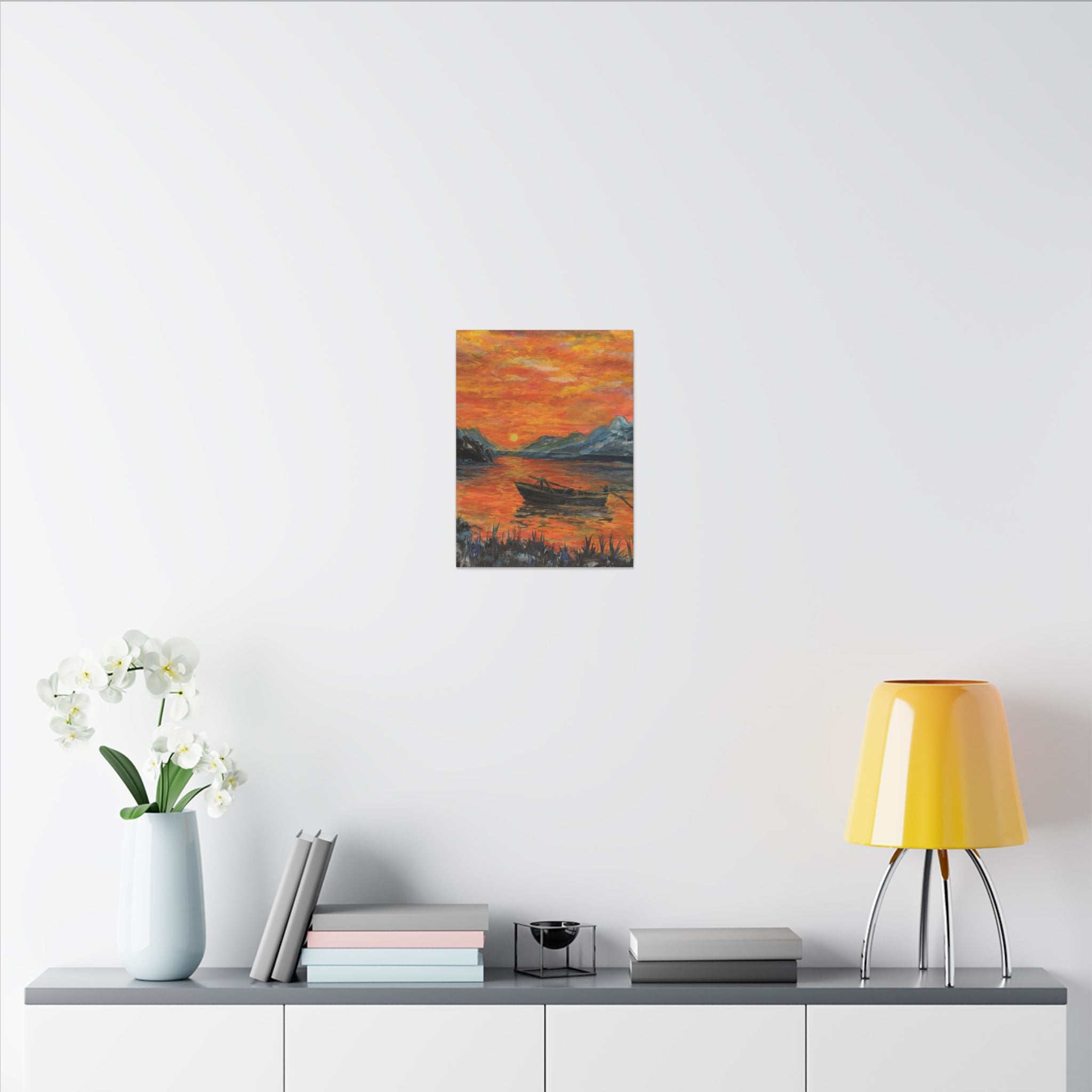 Boat on Sunset Lake Canvas Wall Art Print of Original— Orange Seascape Landscape Print