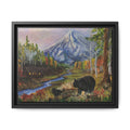Framed Matte Canvas - Three Bear Stroll  - Mountain Stream with Bears Landscape Wall Art