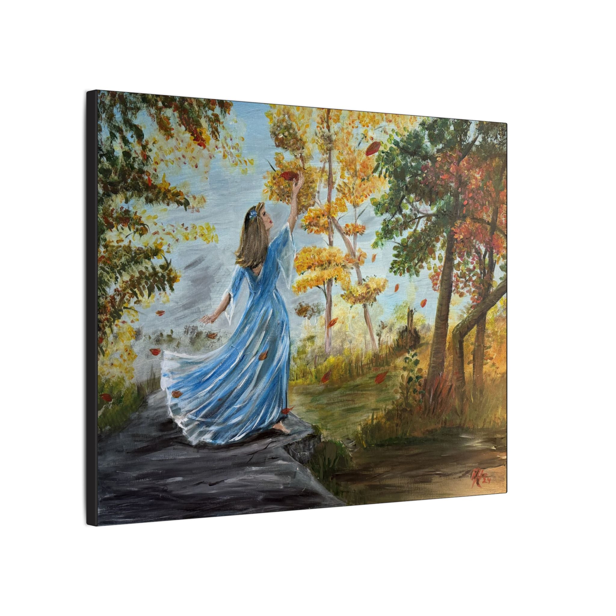 Autumn Breeze Matte Canvas Art Print – Woman in Blue Dress Fall Landscape