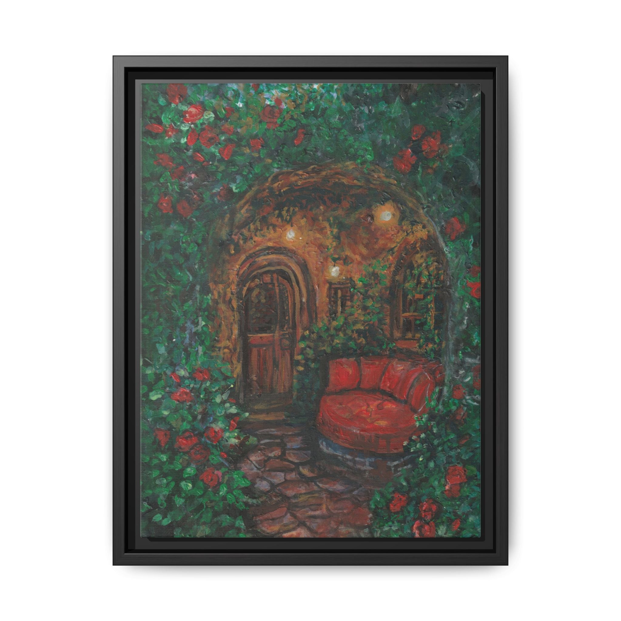 Framed Matte Canvas Art – Cozy Garden Doorway with Red Chair Print of Original Hidden Doorway
