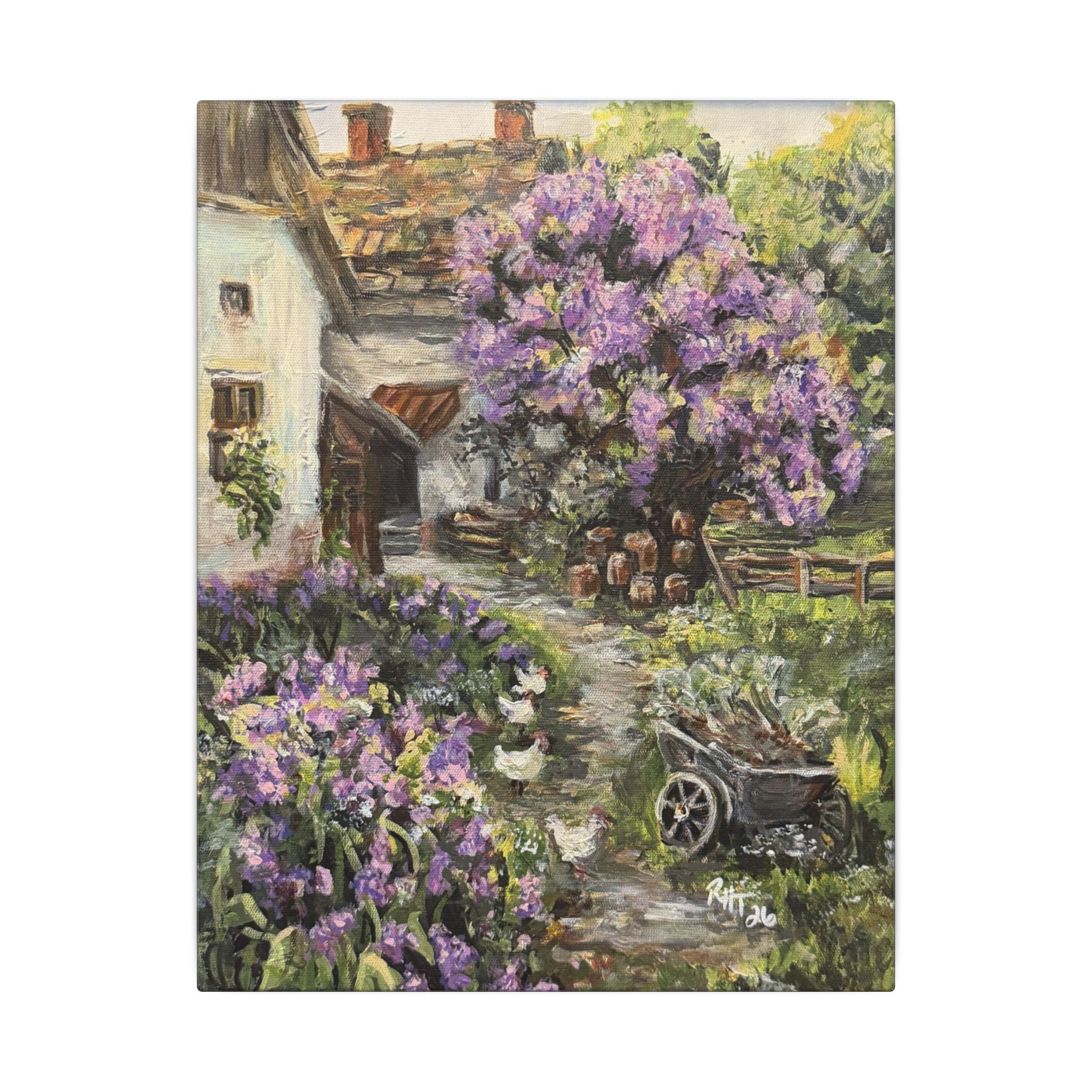 Lavender Cottage Canvas Print — Rustic Spring Garden Wall Art (Matte Stretched)
