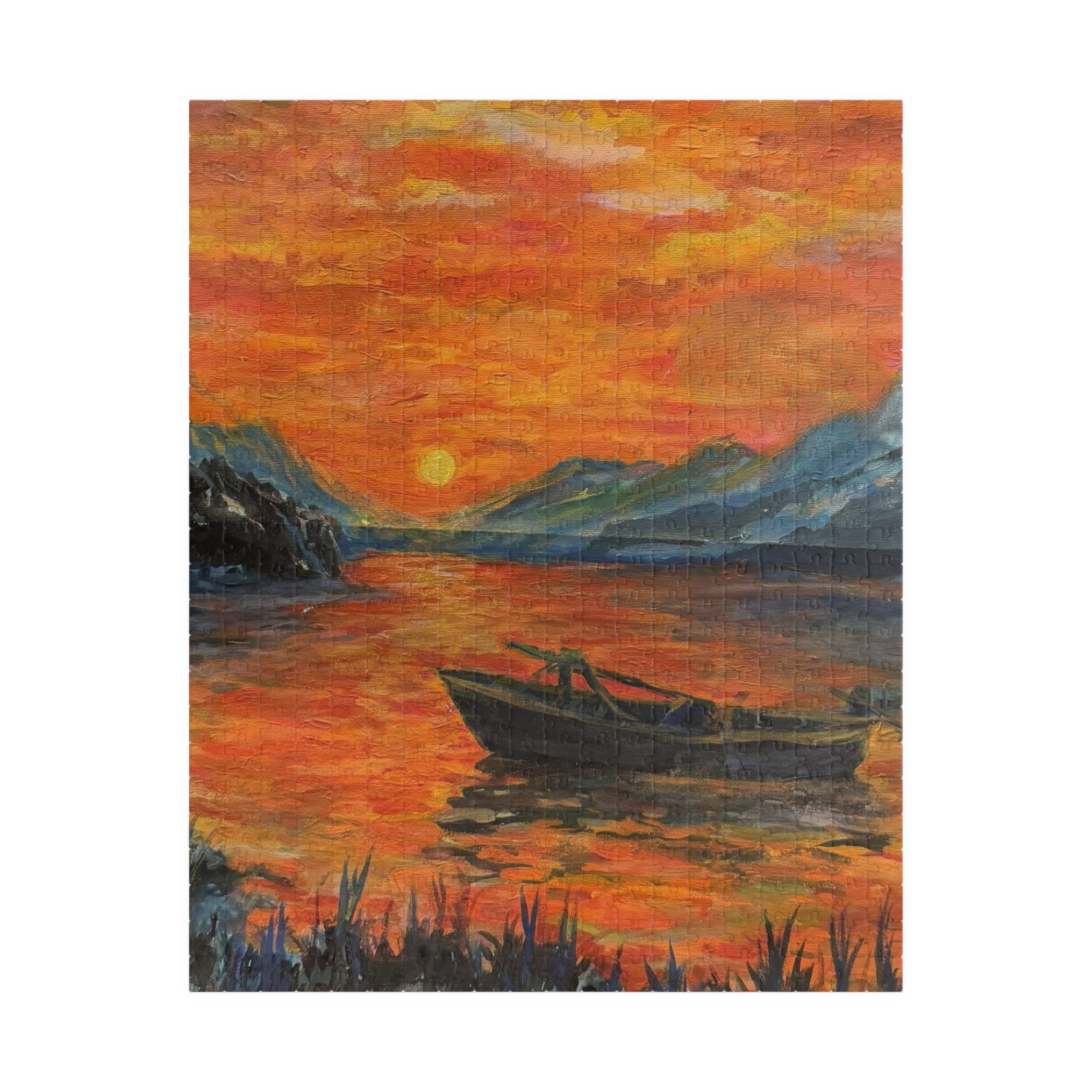 Sunset Lake Puzzle — Scenic Boat Sunset Jigsaw (110/252/520/1014 pcs)