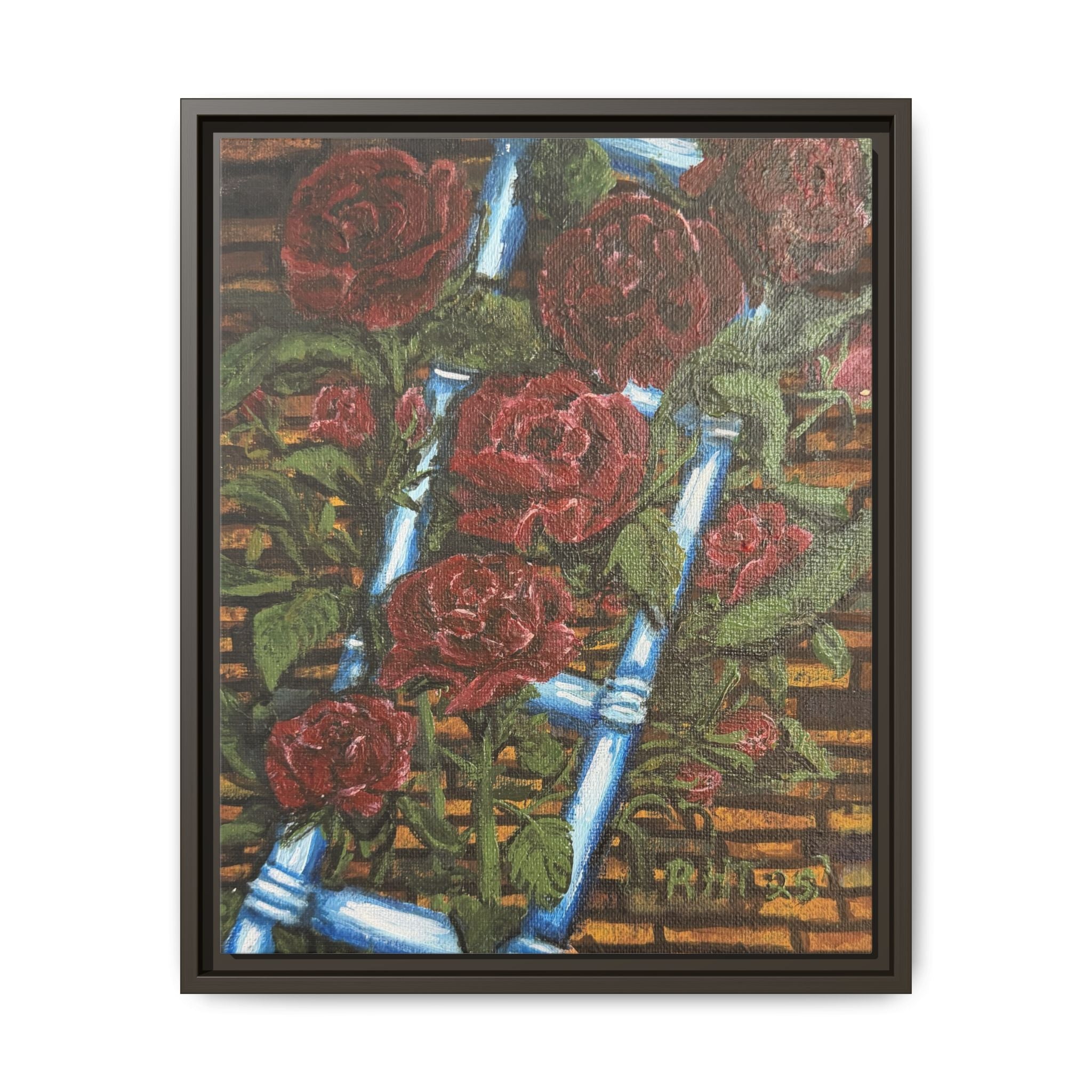Framed Matte Canvas Art Print of Original Climbing Roses — Red Roses & Blue Ladder Floral Painting