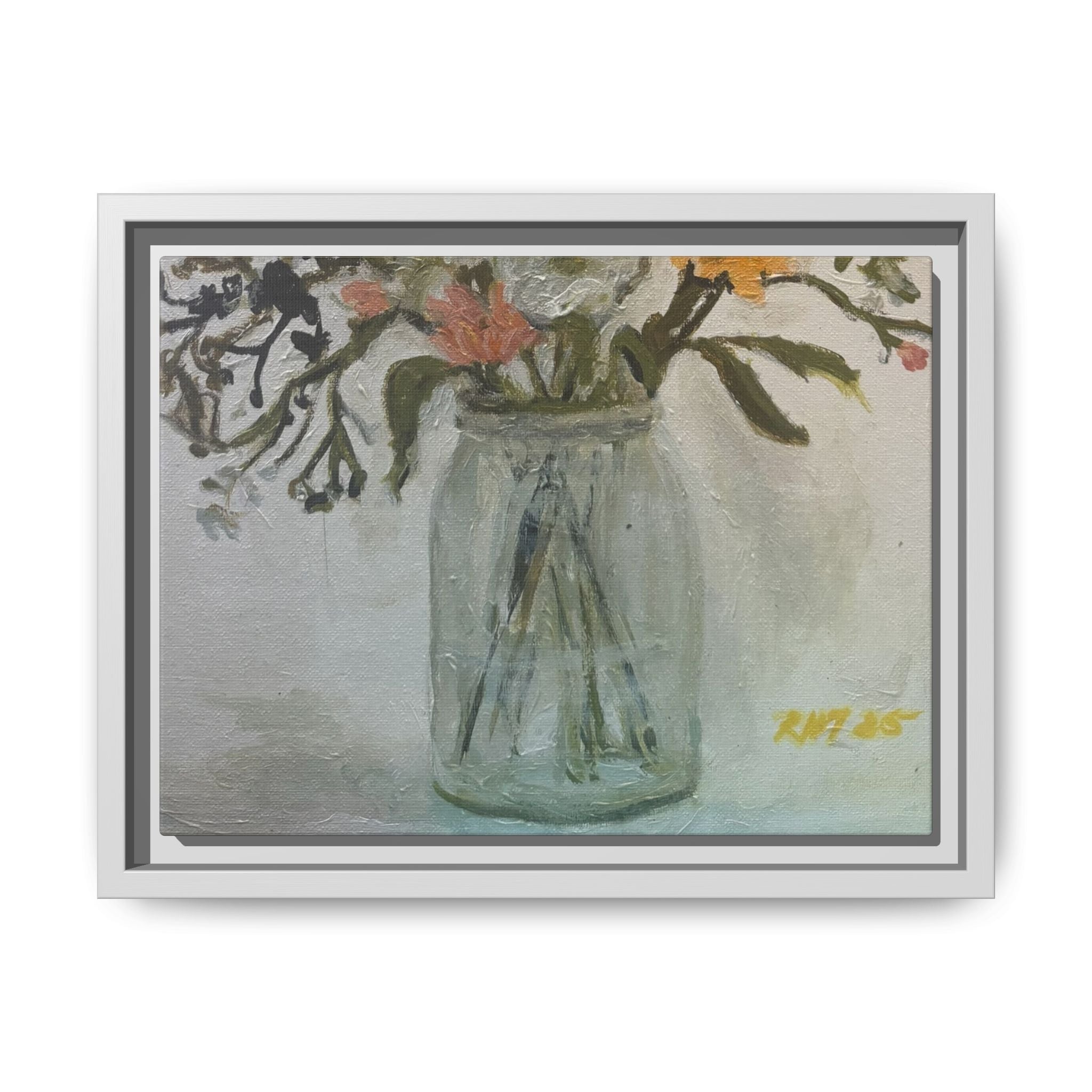 Framed Matte Canvas Art - Flower in Glass Jar Floral Painting Print of Original