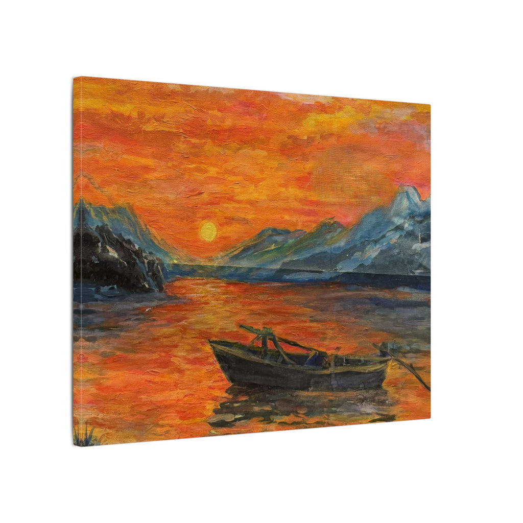Boat on Sunset Lake Canvas Wall Art Print of Original— Orange Seascape Landscape Print