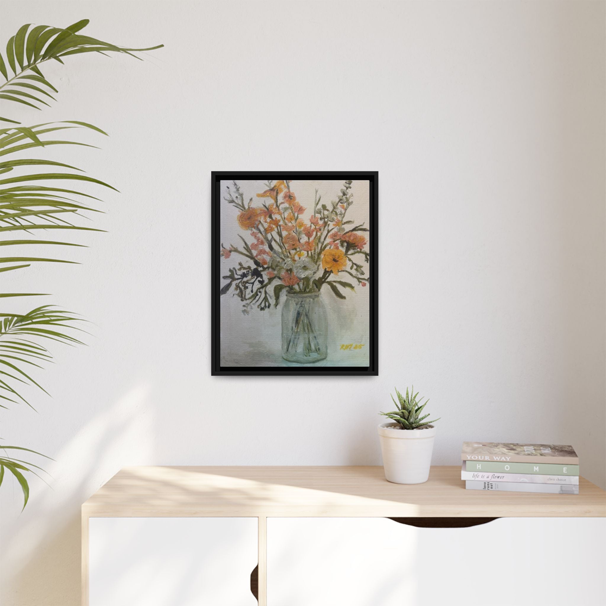 Framed Matte Canvas Art - Flower in Glass Jar Floral Painting Print of Original