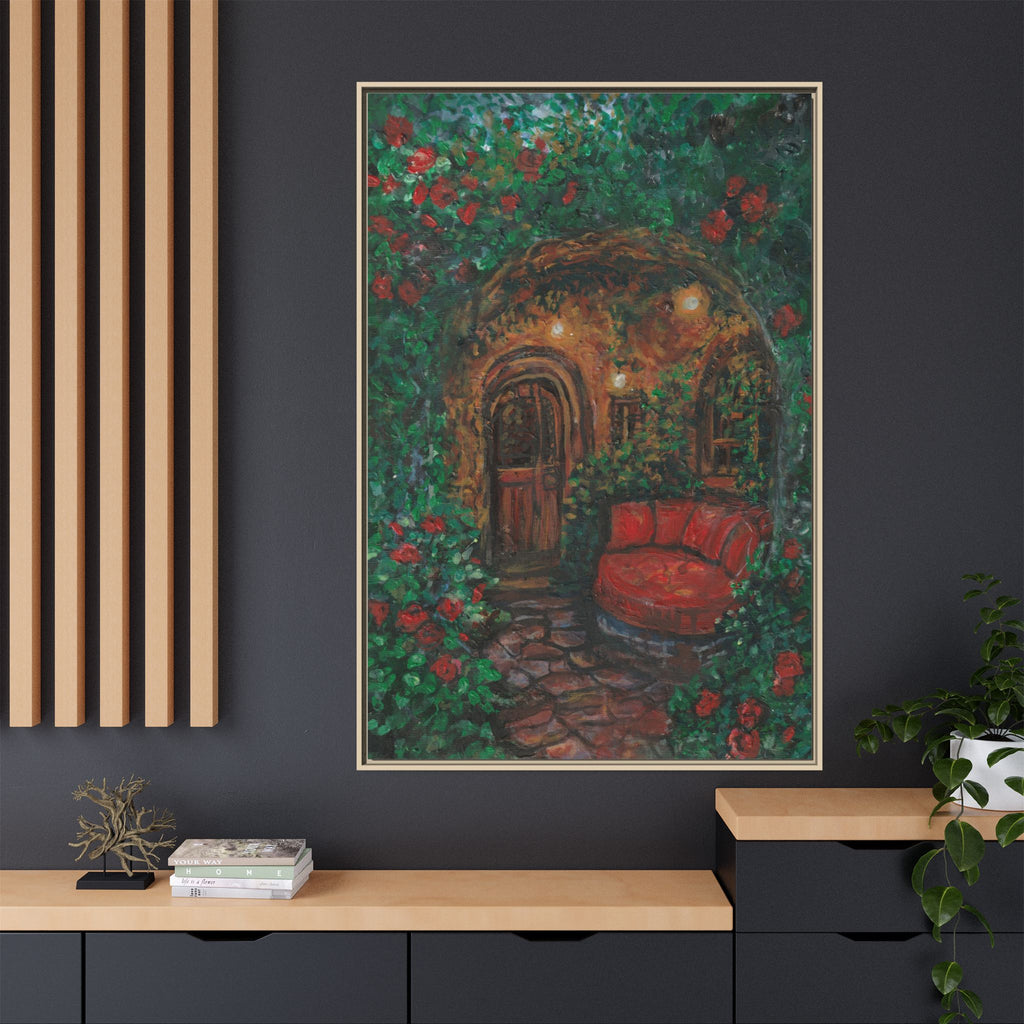 Framed Matte Canvas Art – Cozy Garden Doorway with Red Chair Print of Original Hidden Doorway