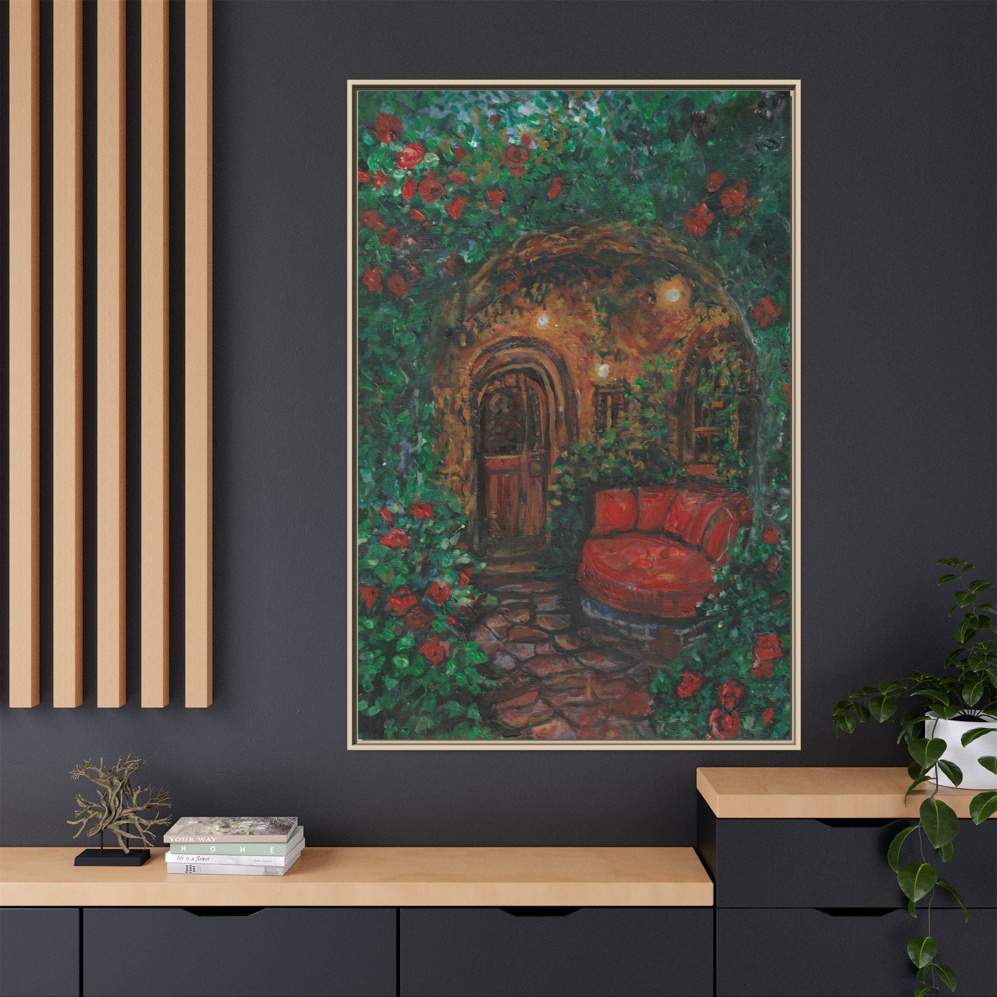 Framed Matte Canvas Art – Cozy Garden Doorway with Red Chair Print of Original Hidden Doorway