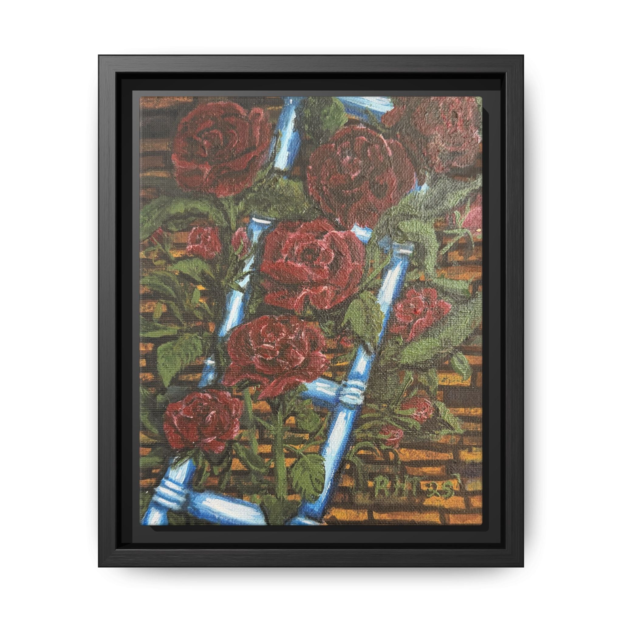 Framed Matte Canvas Art Print of Original Climbing Roses — Red Roses & Blue Ladder Floral Painting
