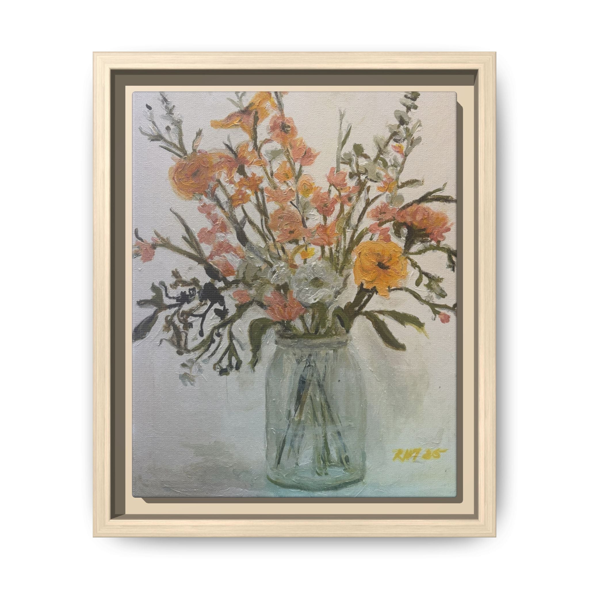 Framed Matte Canvas Art - Flower in Glass Jar Floral Painting Print of Original