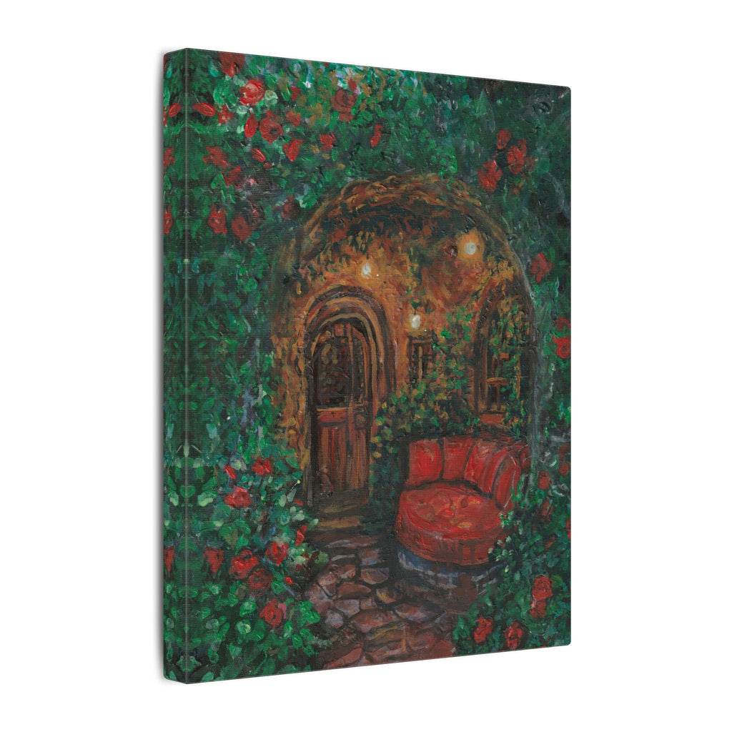 Hidden Entrance Canvas Art - Cozy Red Chair Doorway Painting Print of Original