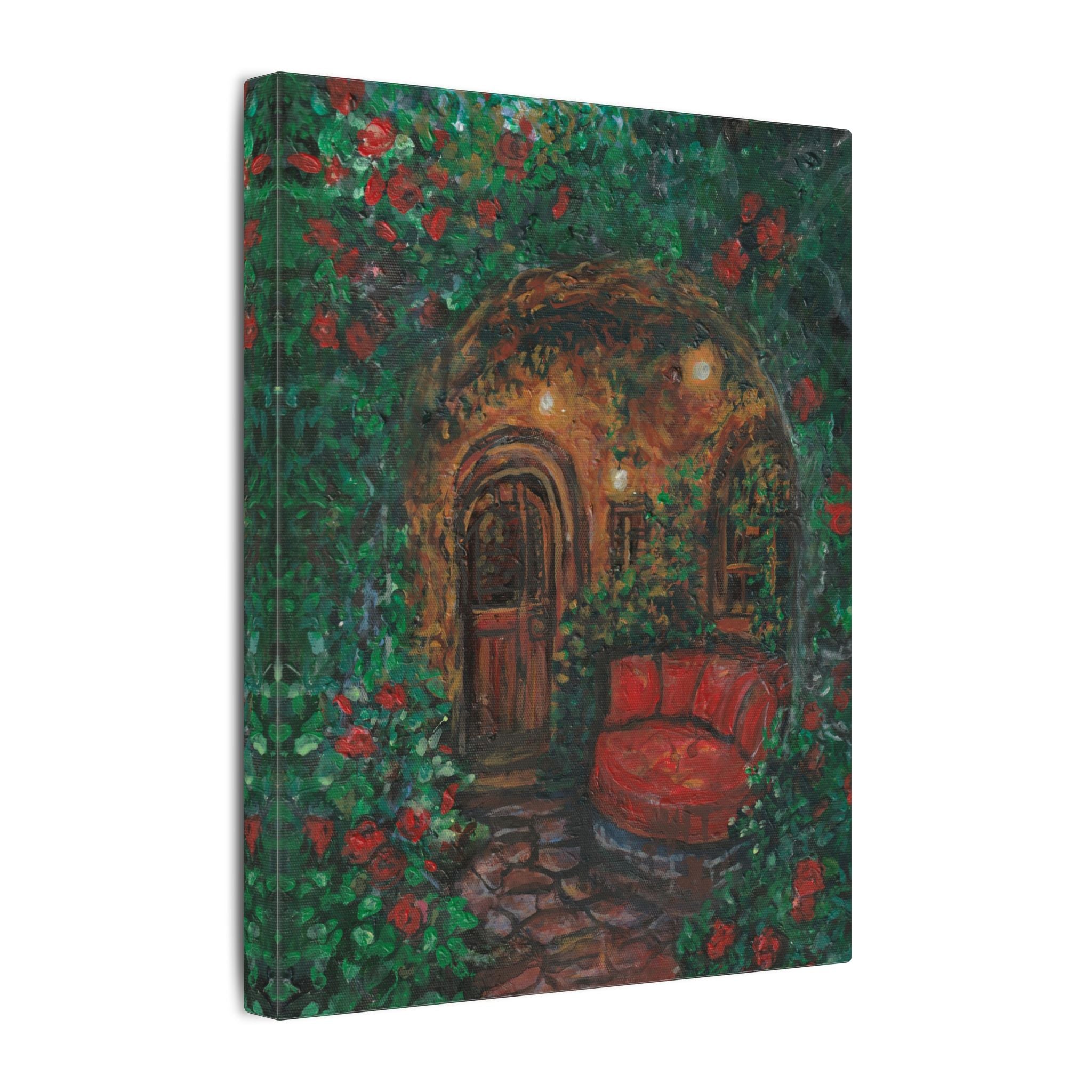 Hidden Entrance Canvas Art - Cozy Red Chair Doorway Painting Print of Original
