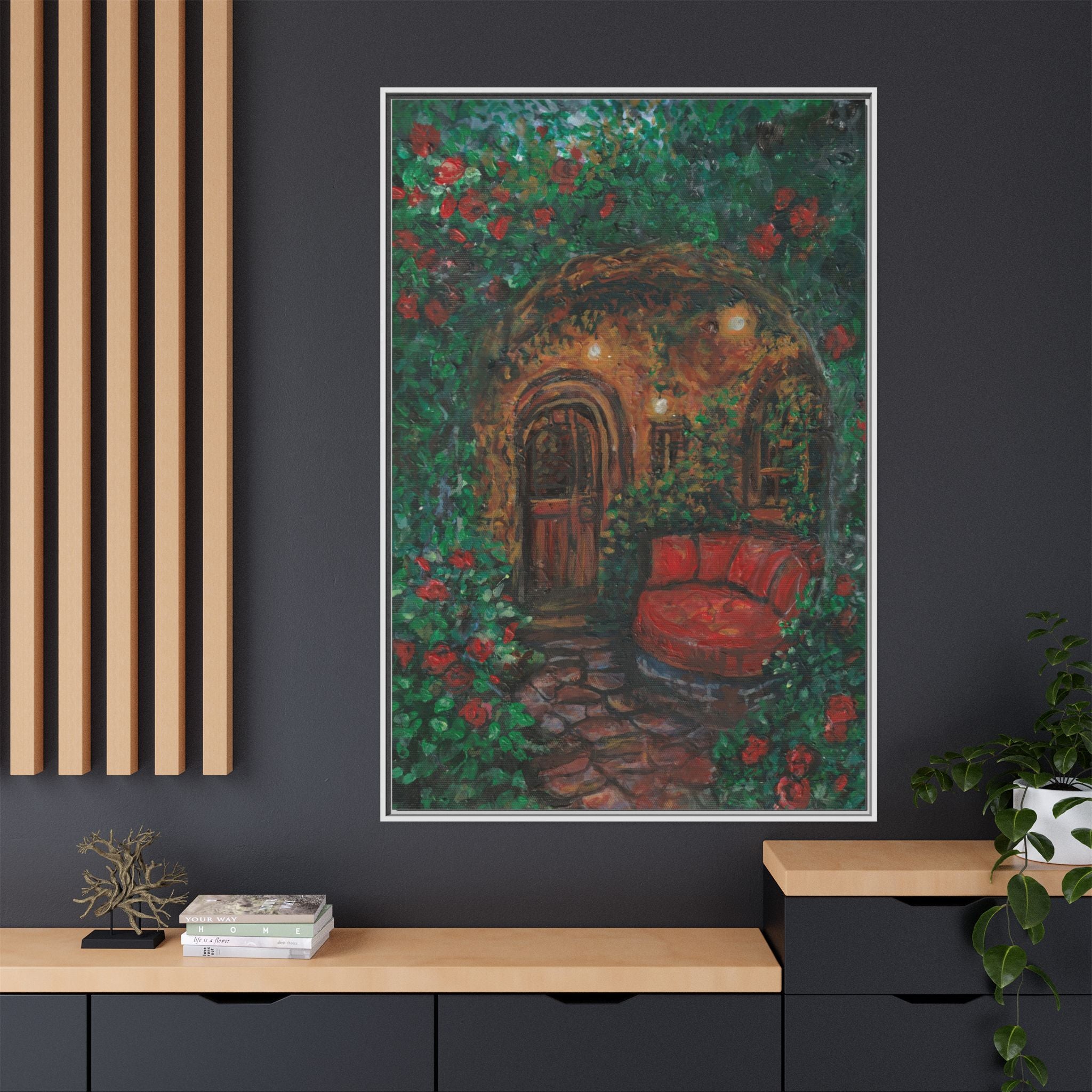 Framed Matte Canvas Art – Cozy Garden Doorway with Red Chair Print of Original Hidden Doorway