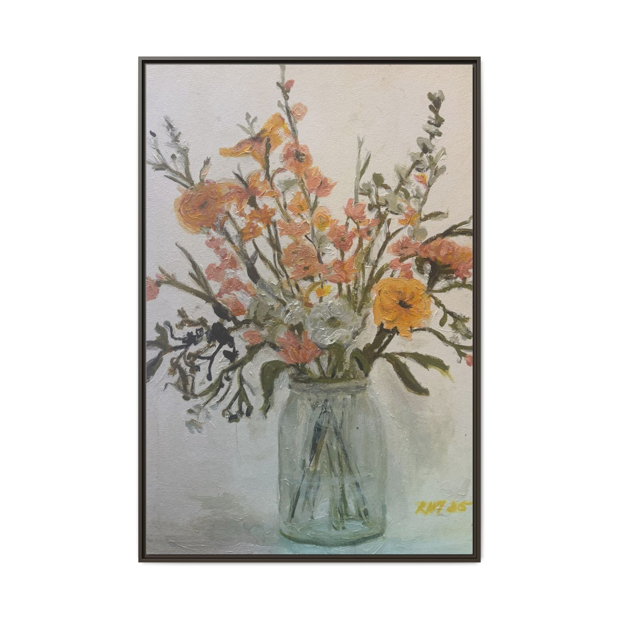 Framed Matte Canvas Art - Flower in Glass Jar Floral Painting Print of Original