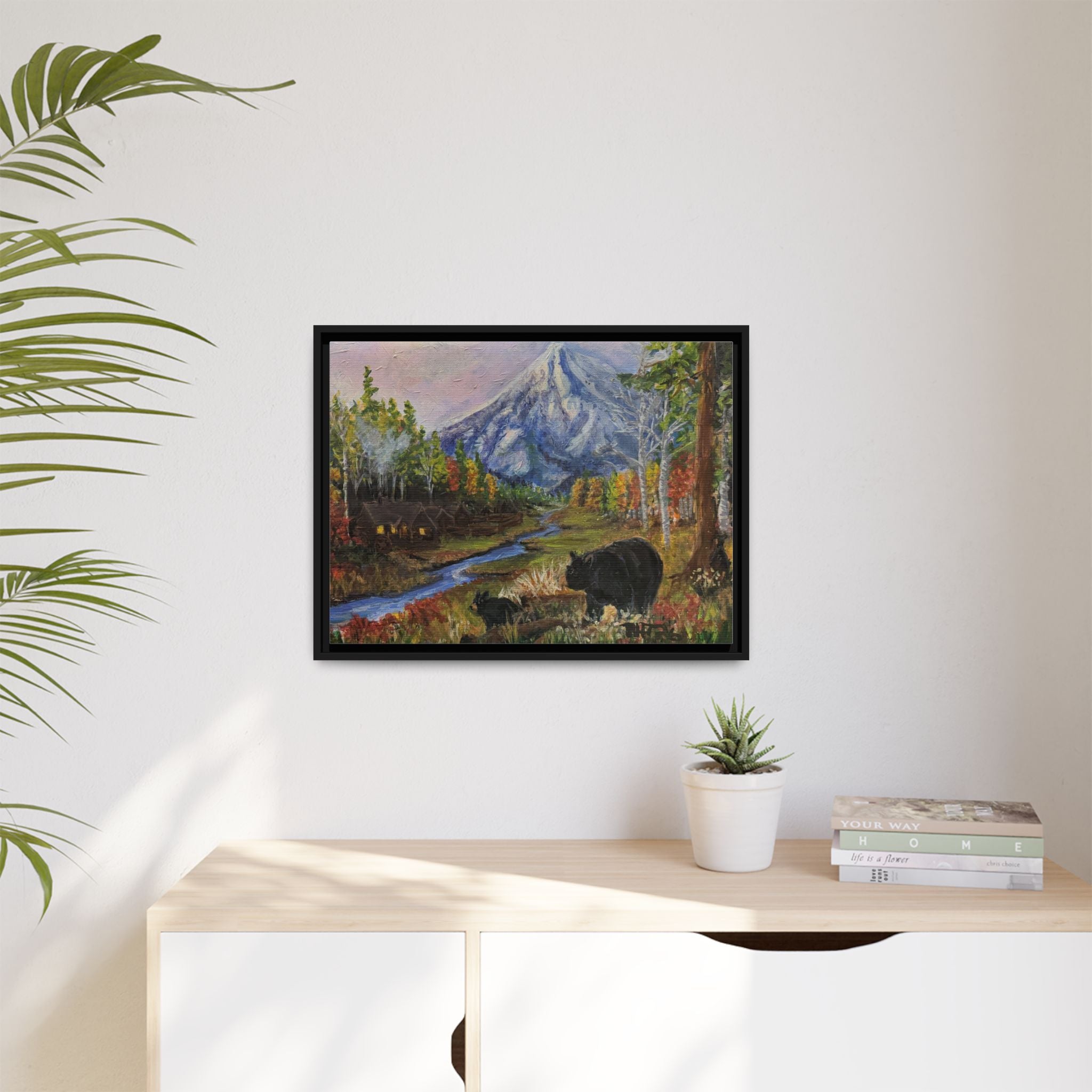 Framed Matte Canvas - Three Bear Stroll  - Mountain Stream with Bears Landscape Wall Art