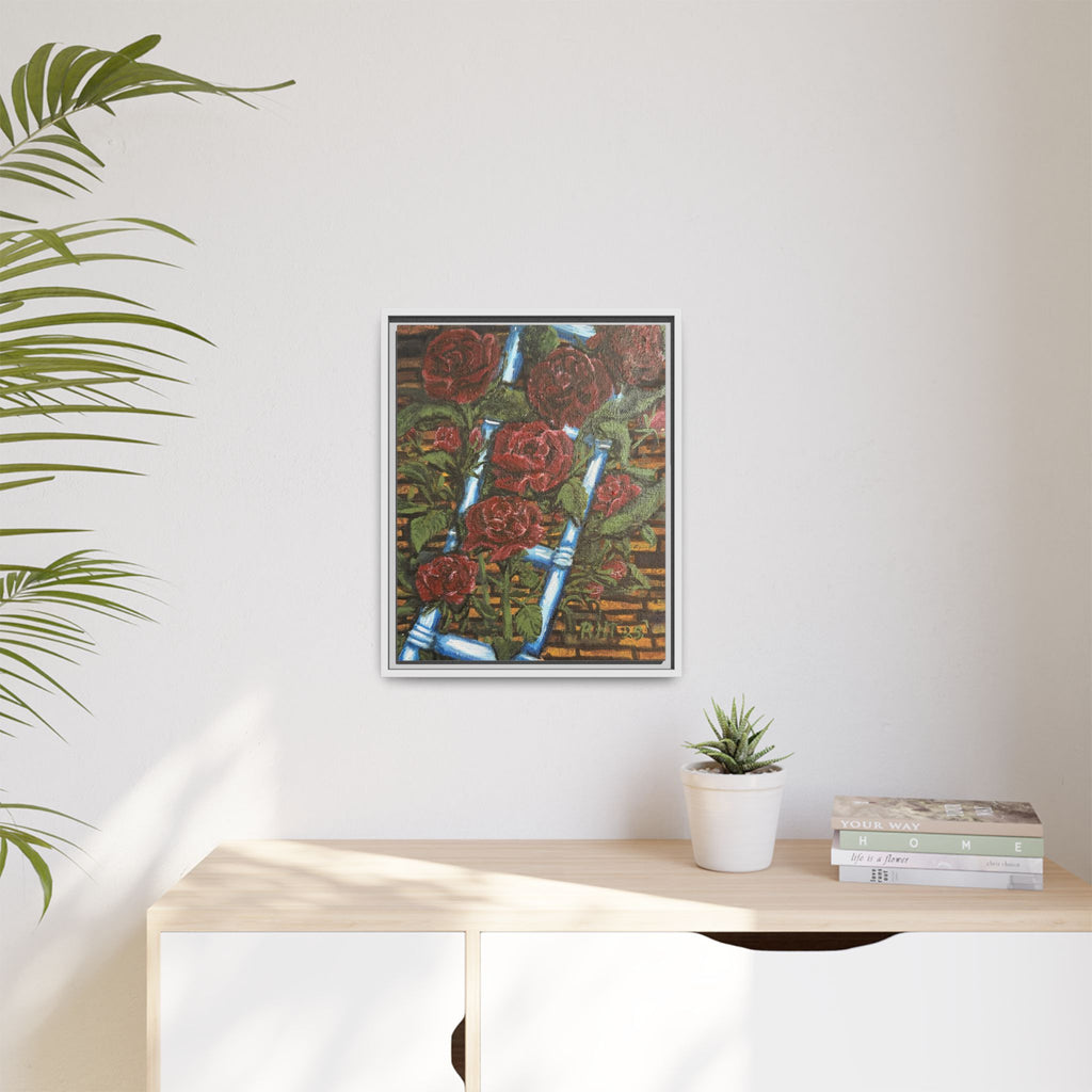 Framed Matte Canvas Art Print of Original Climbing Roses — Red Roses & Blue Ladder Floral Painting