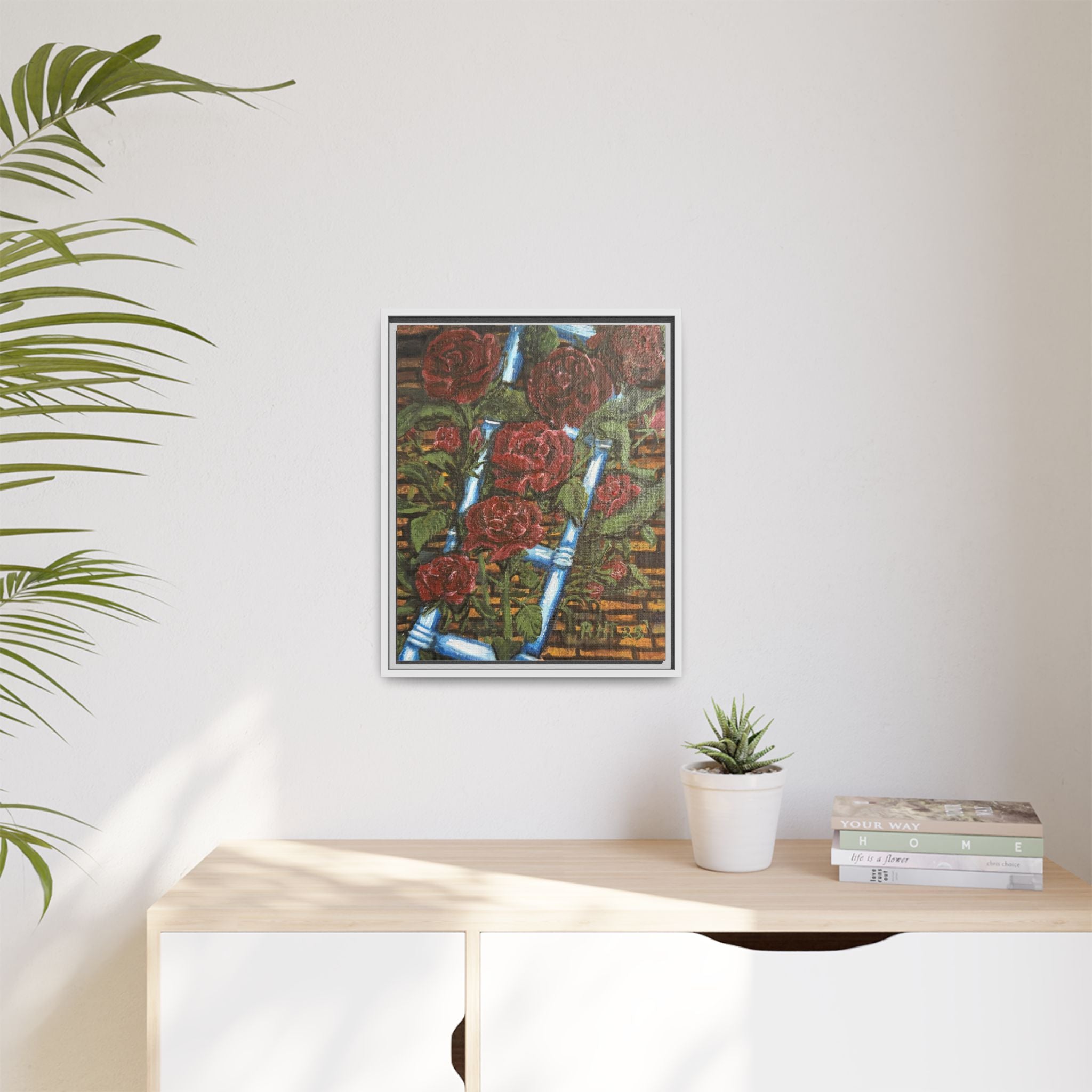 Framed Matte Canvas Art Print of Original Climbing Roses — Red Roses & Blue Ladder Floral Painting