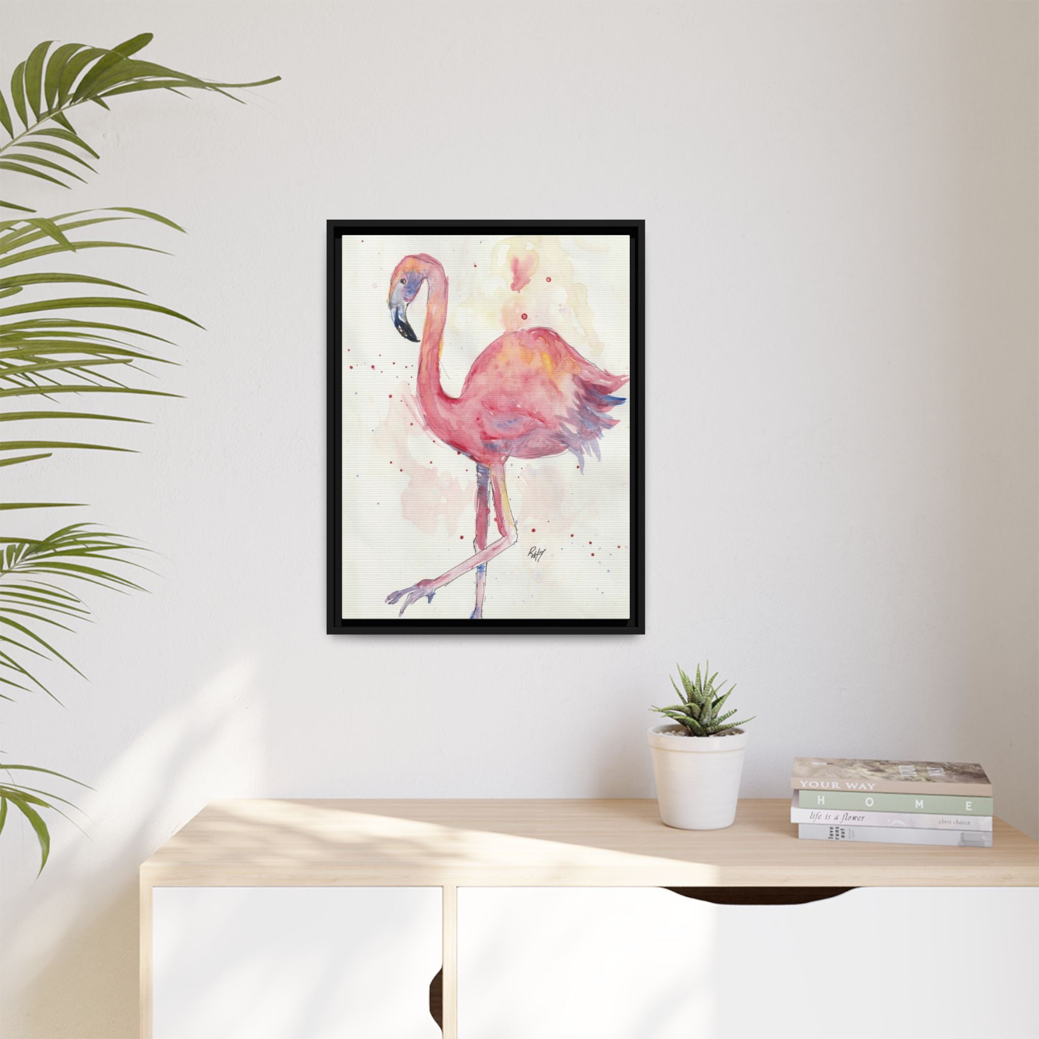 Watercolor Flamingo Dance Matte Canvas Framed Art Print of Original