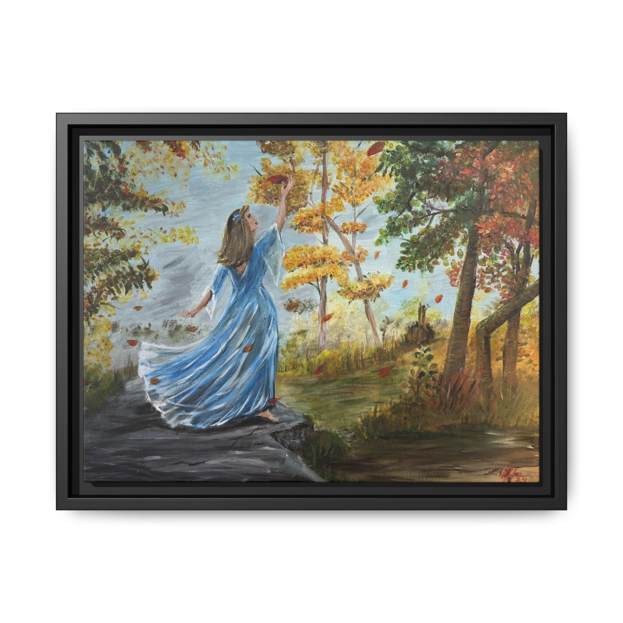 Autumn Breeze Canvas Print — Woman in Blue Dress Framed Wall Art