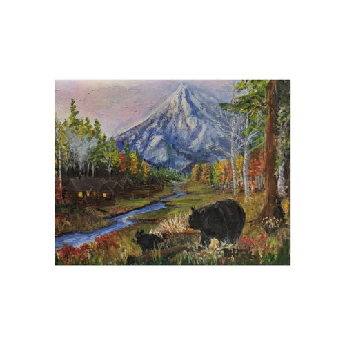 3 Bear Stroll— Bear & Cabin Fine Art Print