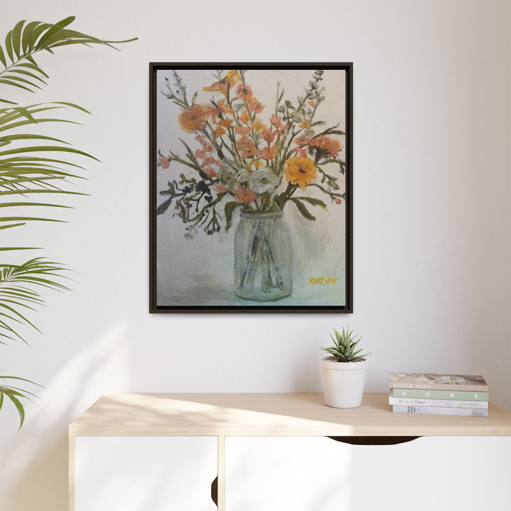 Framed Matte Canvas Art - Flower in Glass Jar Floral Painting Print of Original
